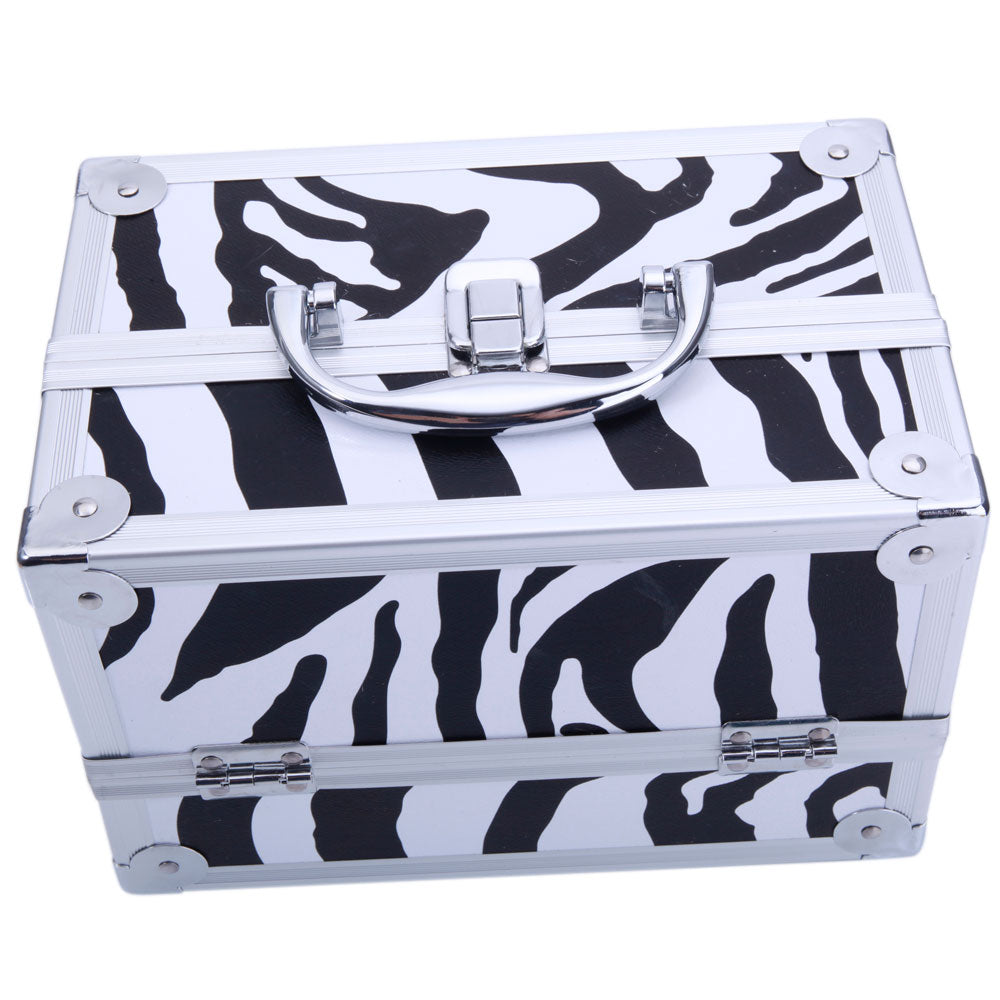 SM-2176 Aluminum Makeup Train Case Jewelry Box Cosmetic Organizer with Mirror 9"x6"x6" White Zebra