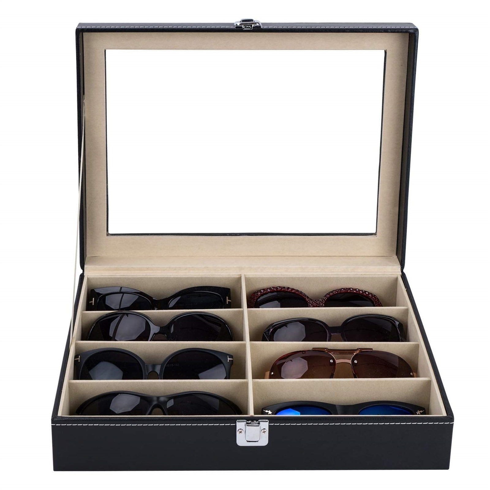 Leather Multi Sunglasses Organizer for Women Men Eyeglasses Eyewear Display Case Sunglass Glasses Storage Holder Box Sunglasses Collection Case with 8 Slots Black