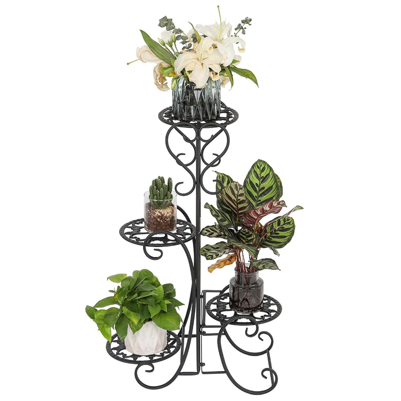 4 Potted Rounded Flower Metal Shelves Plant Pot Stand Decoration for Indoor Outdoor Garden Black