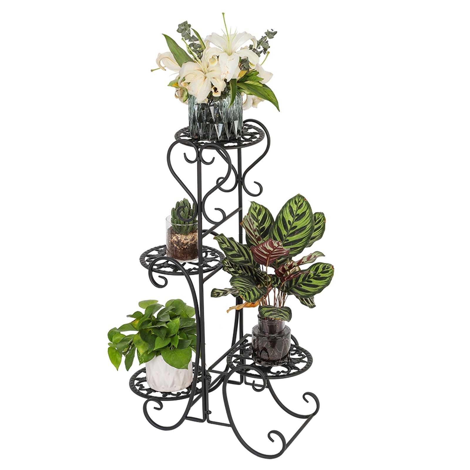 4 Potted Rounded Flower Metal Shelves Plant Pot Stand Decoration for Indoor Outdoor Garden Black