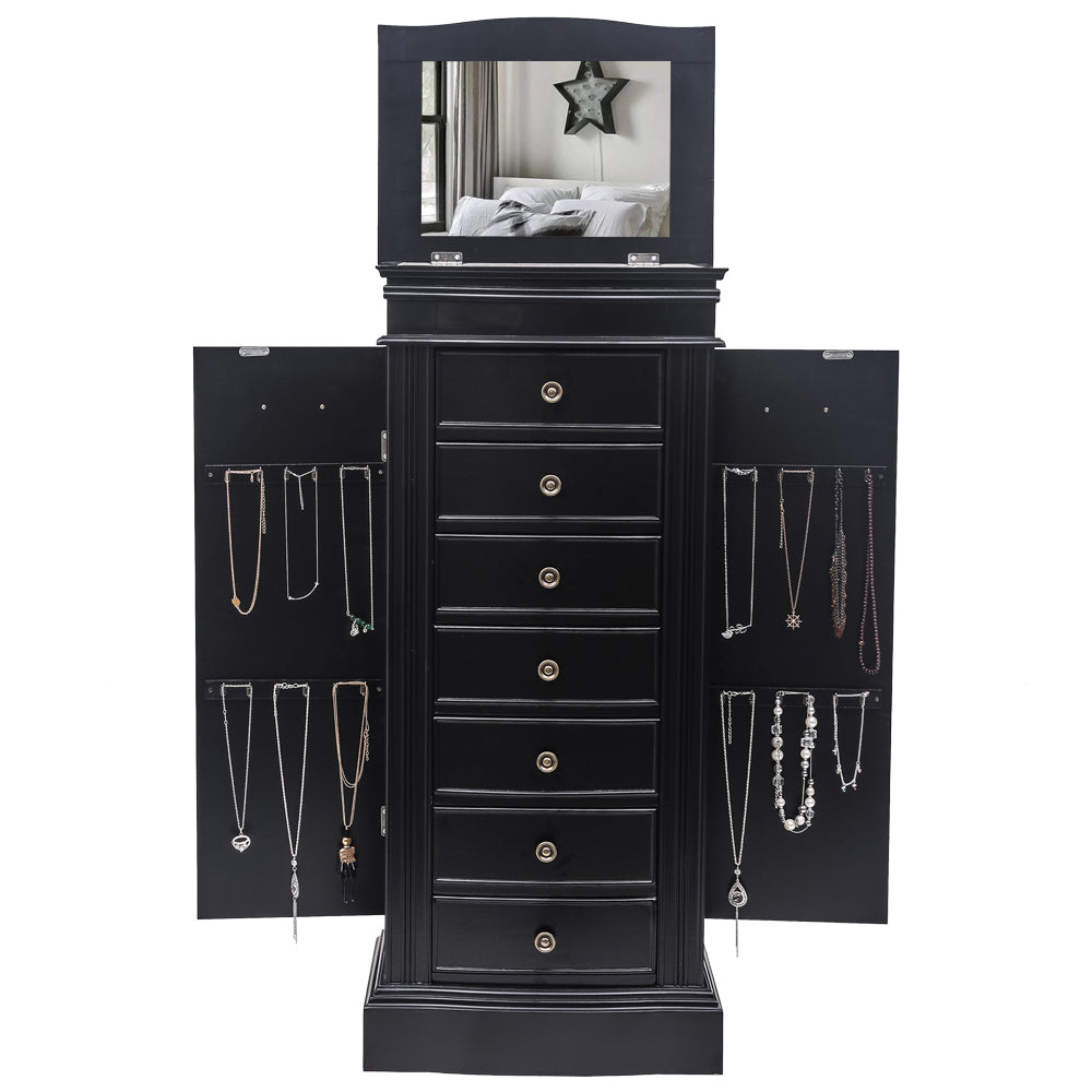 Jewelry Armoire with Mirror, 7 Drawers & 24 Necklace Hooks, 2 Side Swing Doors(Black)