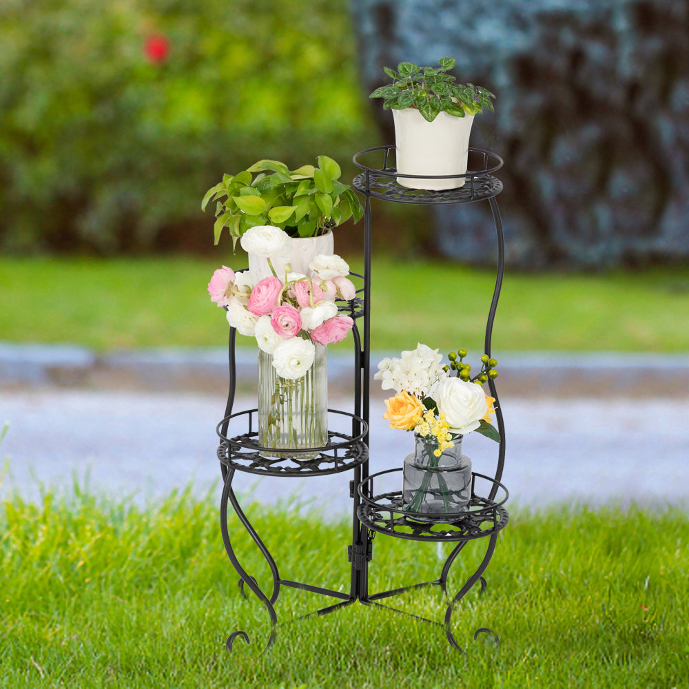 a Black Baking Varnish 28.3 Inches Tall 4 Round Potted Pot Stand Plants