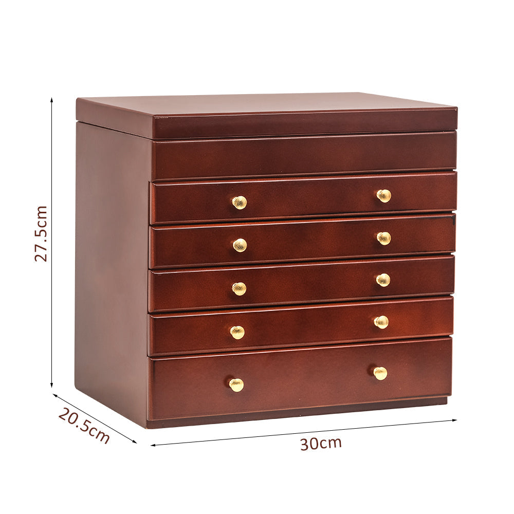 Large Jewelry Organizer Wooden Storage Box 6 Layers Case with 5 Drawers,  Brown