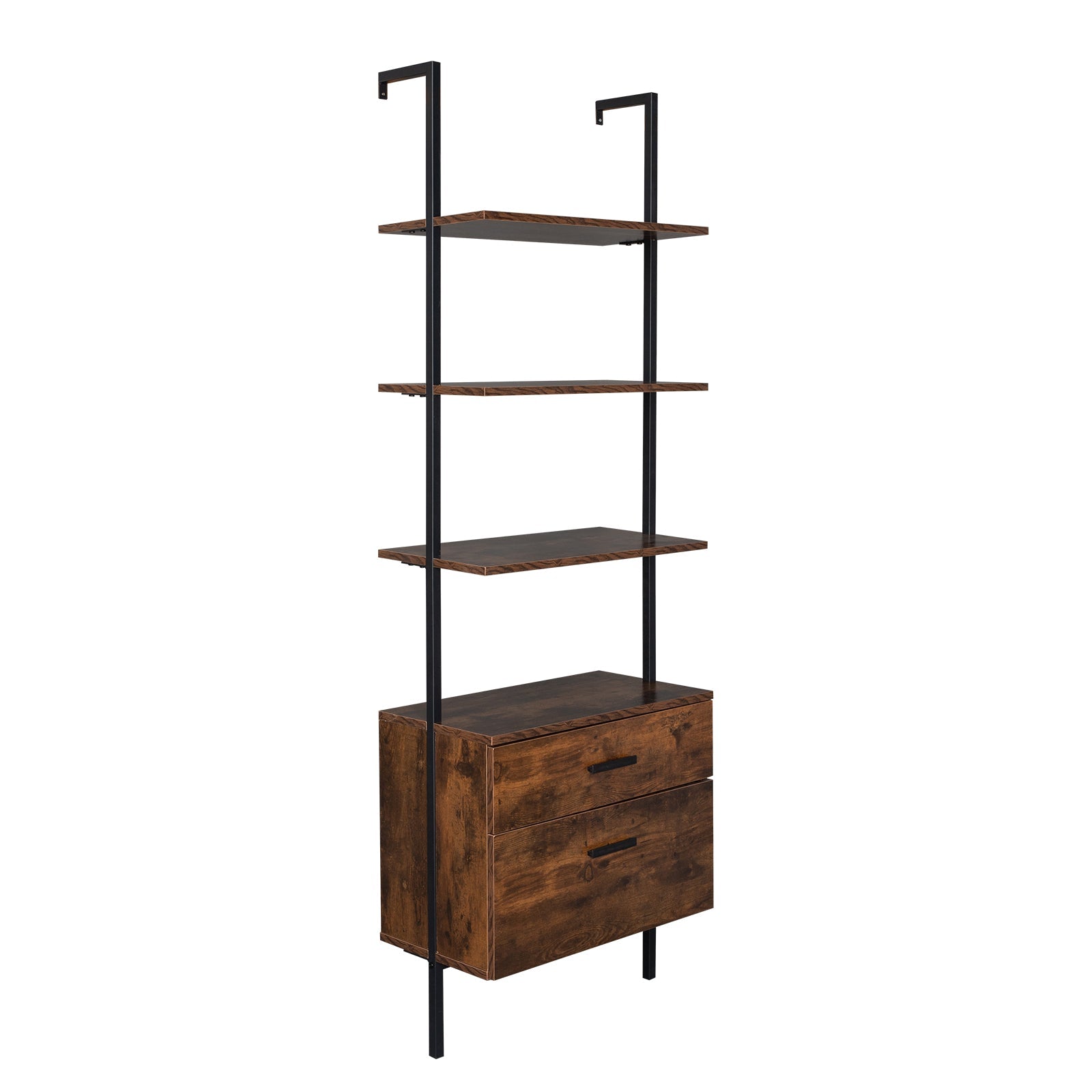 Industrial Bookshelf with Wood Drawers and Matte Steel Frame,Vintage/Black