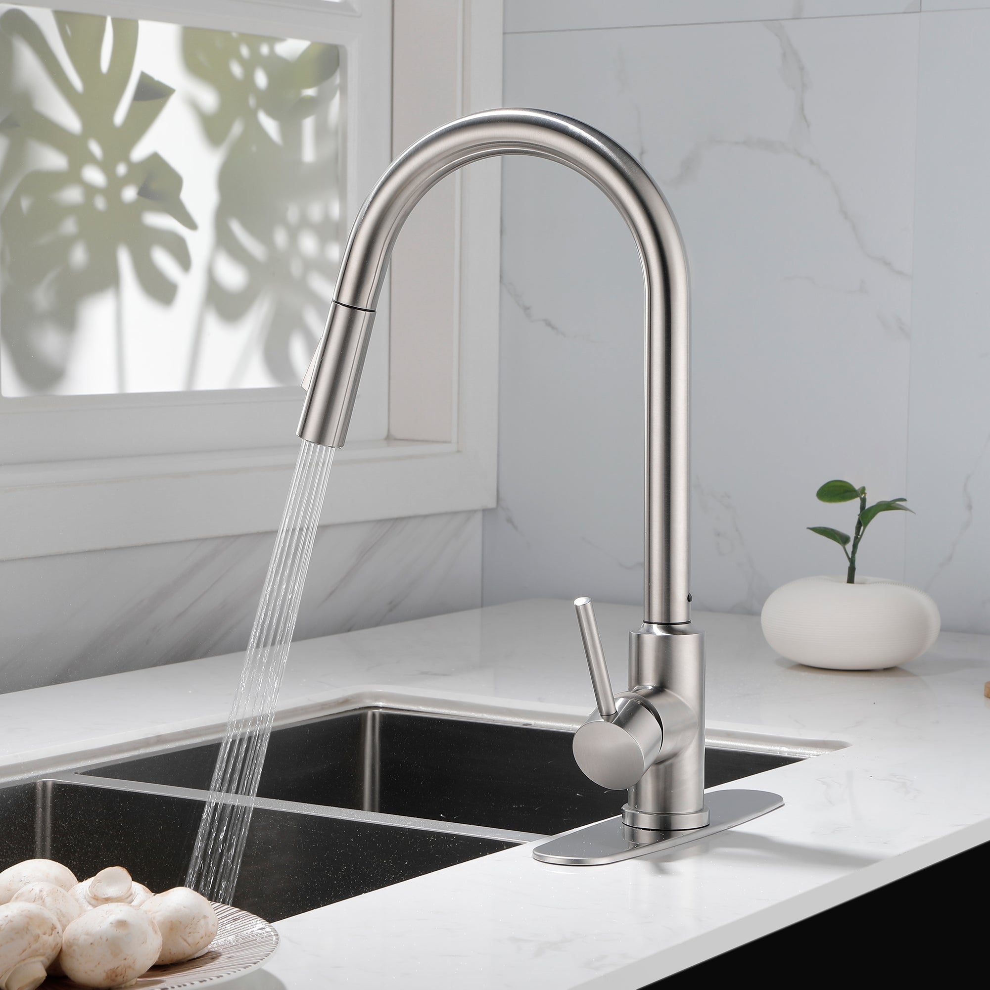 Single Handle High Arc Pull Out Kitchen Faucet,Single Level Stainless Steel Kitchen Sink Faucets with Pull Down Sprayer