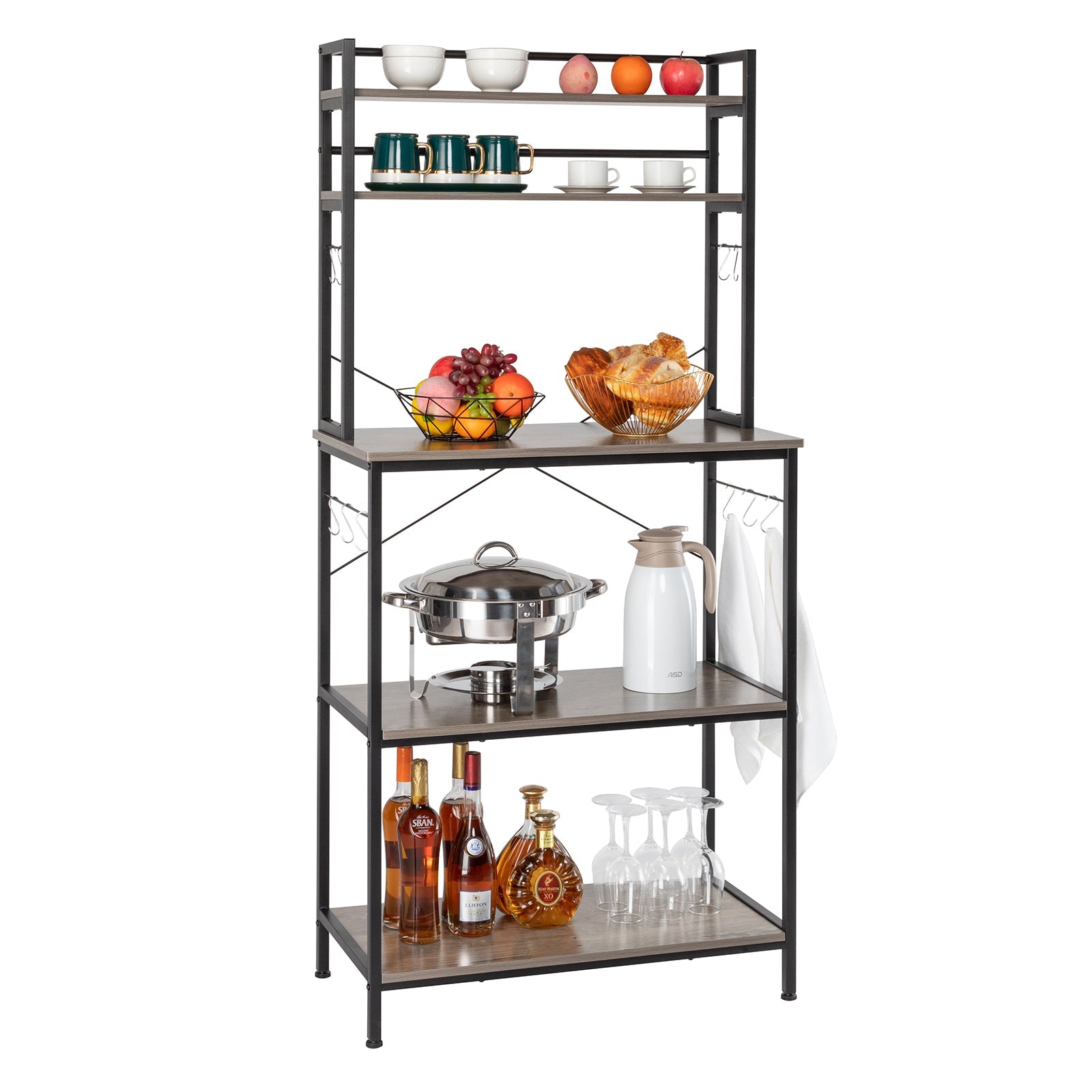 5-Tier Kitchen Bakers Rack with 10 S-Shaped Hooks, Industrial Microwave Oven Stand, Free Standing Kitchen Utility Cart Storage Shelf Organizer (Rustic Gray)