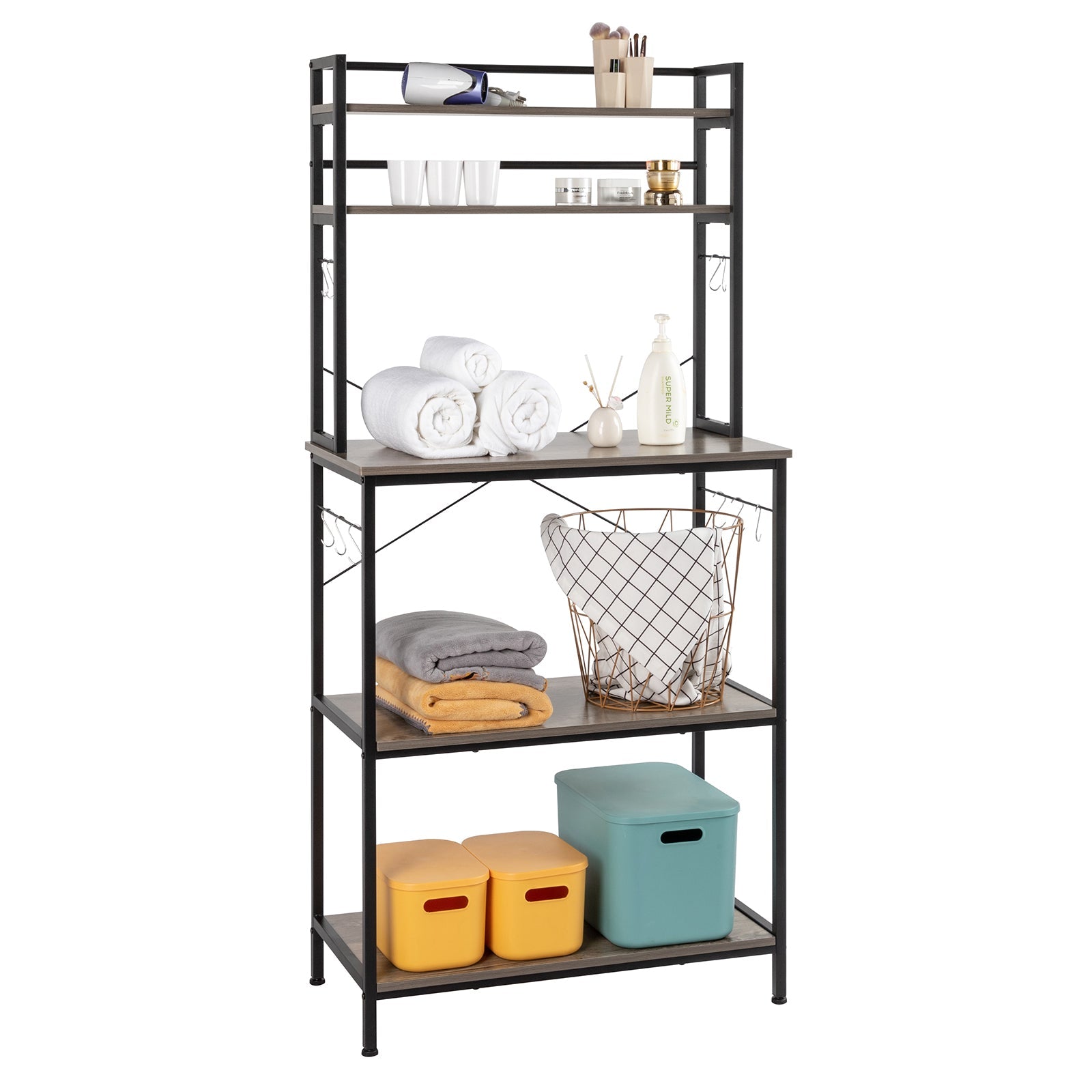 5-Tier Kitchen Bakers Rack with 10 S-Shaped Hooks, Industrial Microwave Oven Stand, Free Standing Kitchen Utility Cart Storage Shelf Organizer (Rustic Gray)