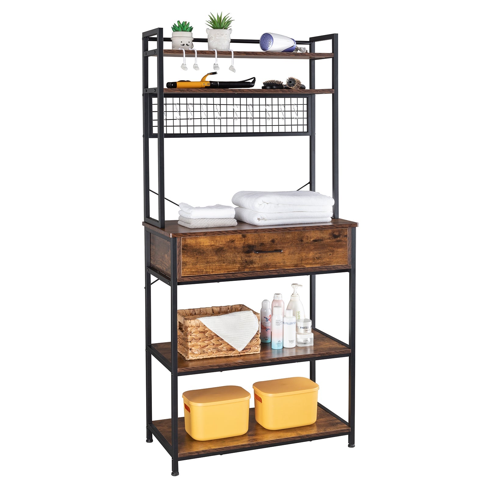 5-Tier Kitchen Bakers Rack with 10 S-Shaped Hooks and 1 drawer , Industrial Microwave Oven Stand, Free Standing Kitchen Utility Cart Storage Shelf Organizer (Rustic Brown)