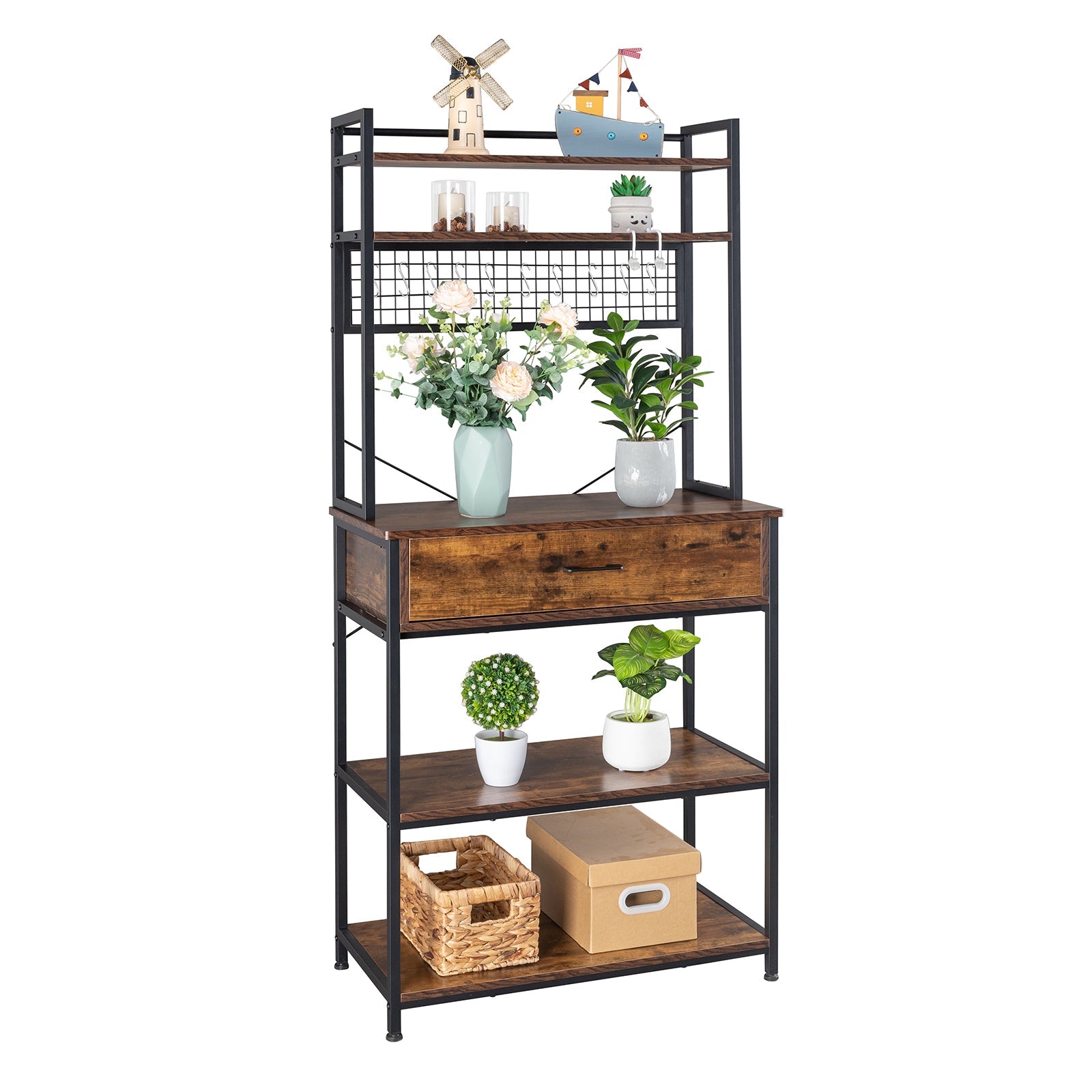 5-Tier Kitchen Bakers Rack with 10 S-Shaped Hooks and 1 drawer , Industrial Microwave Oven Stand, Free Standing Kitchen Utility Cart Storage Shelf Organizer (Rustic Brown)