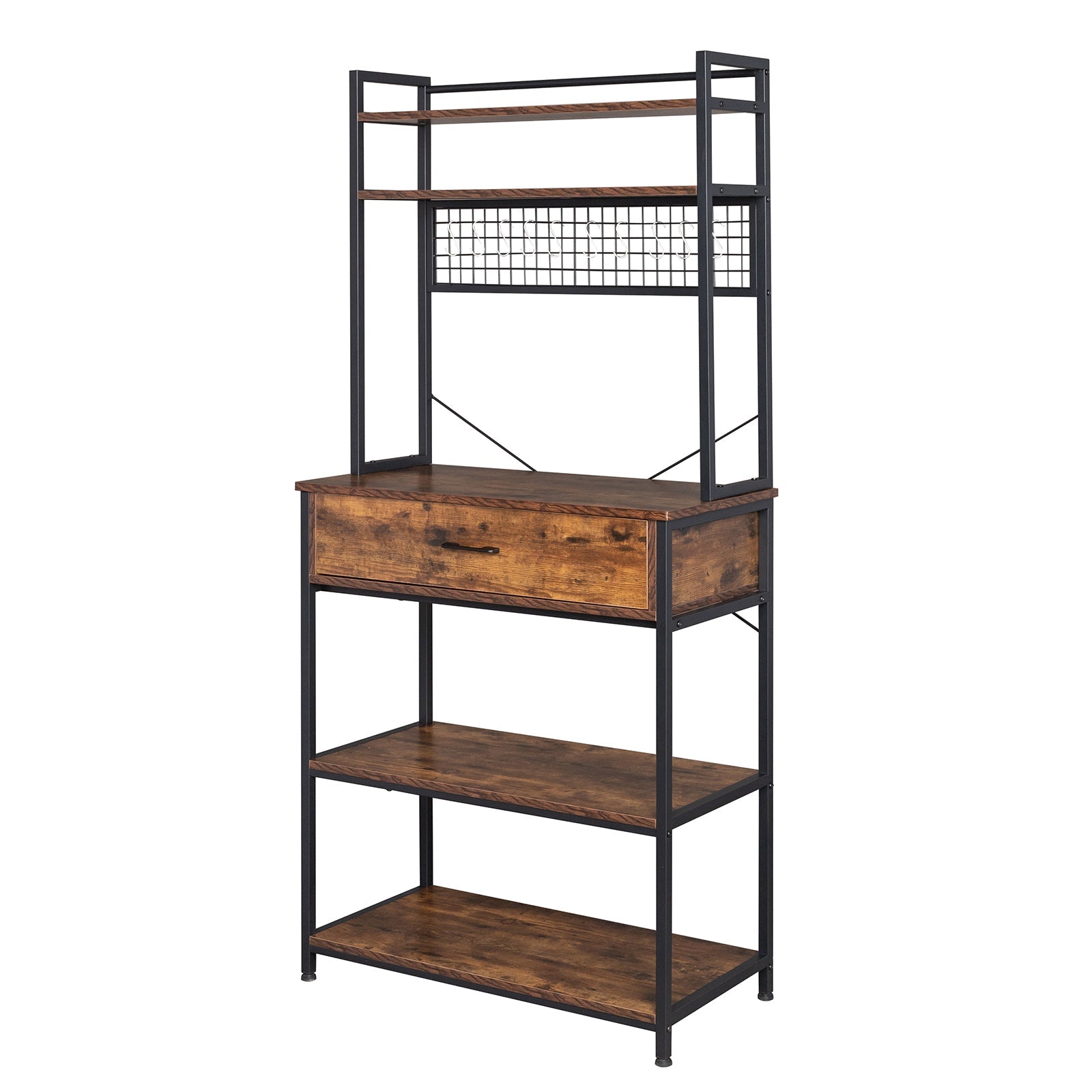 5-Tier Kitchen Bakers Rack with 10 S-Shaped Hooks and 1 drawer , Industrial Microwave Oven Stand, Free Standing Kitchen Utility Cart Storage Shelf Organizer (Rustic Brown)