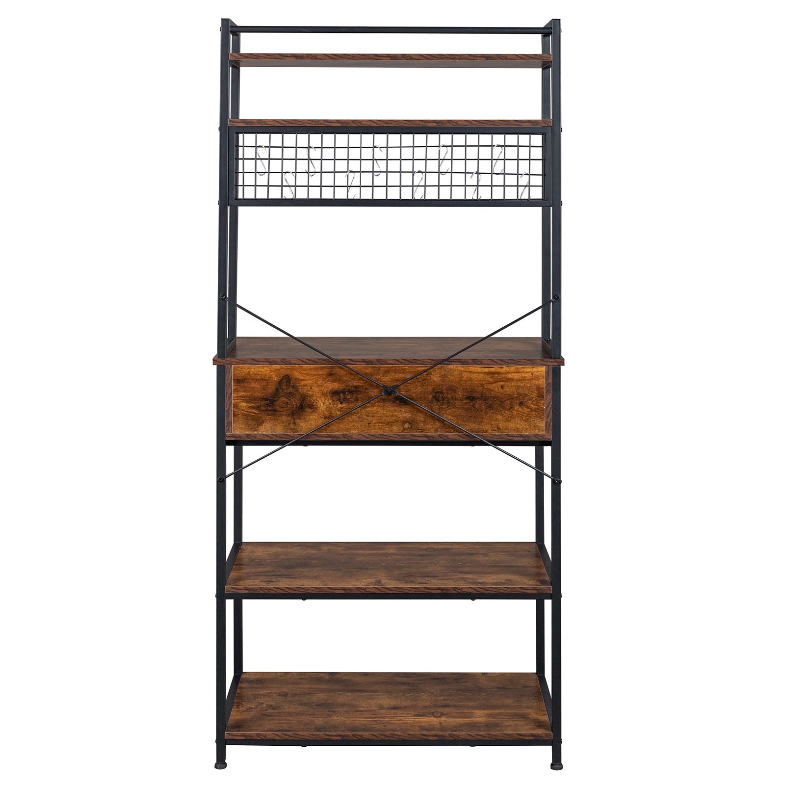 5-Tier Kitchen Bakers Rack with 10 S-Shaped Hooks and 1 drawer , Industrial Microwave Oven Stand, Free Standing Kitchen Utility Cart Storage Shelf Organizer (Rustic Brown)