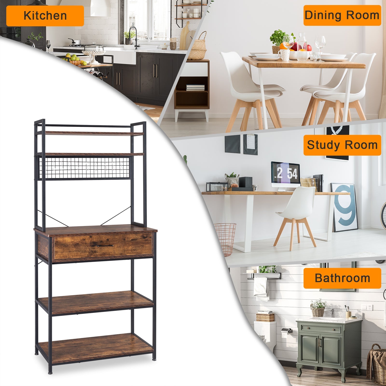 5-Tier Kitchen Bakers Rack with 10 S-Shaped Hooks and 1 drawer , Industrial Microwave Oven Stand, Free Standing Kitchen Utility Cart Storage Shelf Organizer (Rustic Brown)