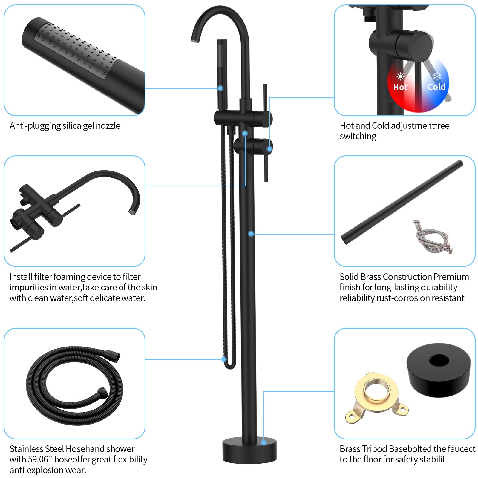 Floor Mount Bathtub Faucet Freestanding Tub Filler Matte Black Standing High Flow Shower Faucets with Handheld Shower Mixer Taps Swivel Spout[Unable to ship on weekends, please place orders with cauti