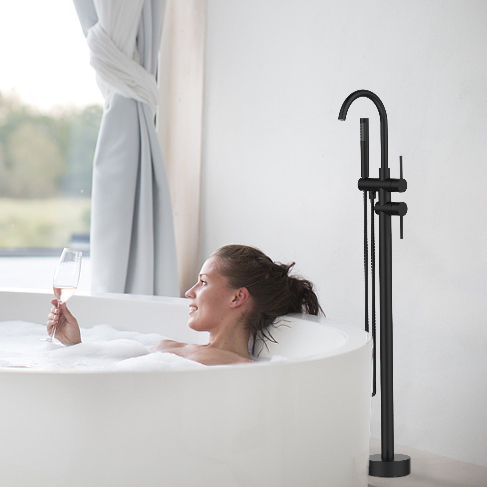 Floor Mount Bathtub Faucet Freestanding Tub Filler Matte Black Standing High Flow Shower Faucets with Handheld Shower Mixer Taps Swivel Spout[Unable to ship on weekends, please place orders with cauti