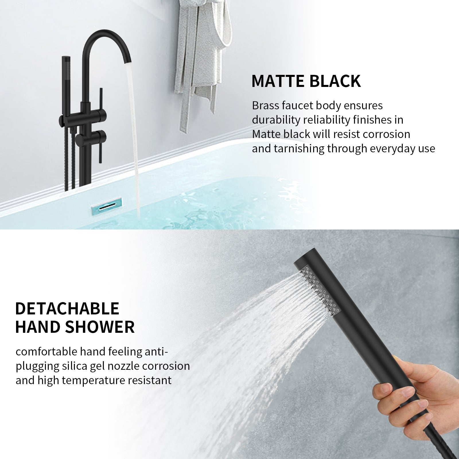 Floor Mount Bathtub Faucet Freestanding Tub Filler Matte Black Standing High Flow Shower Faucets with Handheld Shower Mixer Taps Swivel Spout[Unable to ship on weekends, please place orders with cauti