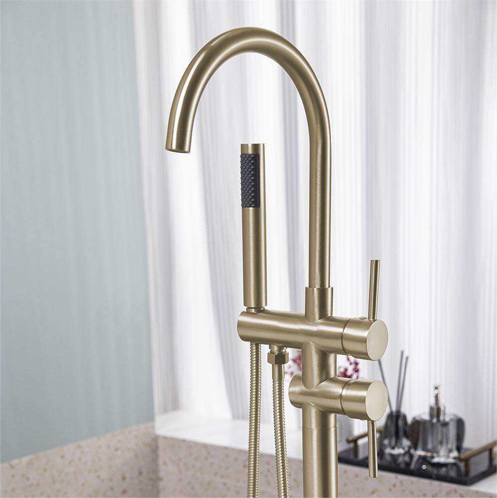 Floor Mount Bathtub Faucet Freestanding Tub Filler Brushed Gold Standing High Flow Shower Faucets with Handheld Shower Mixer Taps Swivel Spout[Unable to ship on weekends, please place orders with caut