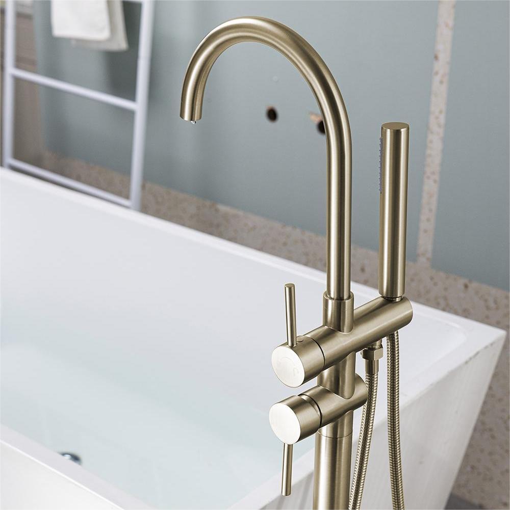 Floor Mount Bathtub Faucet Freestanding Tub Filler Brushed Gold Standing High Flow Shower Faucets with Handheld Shower Mixer Taps Swivel Spout[Unable to ship on weekends, please place orders with caut