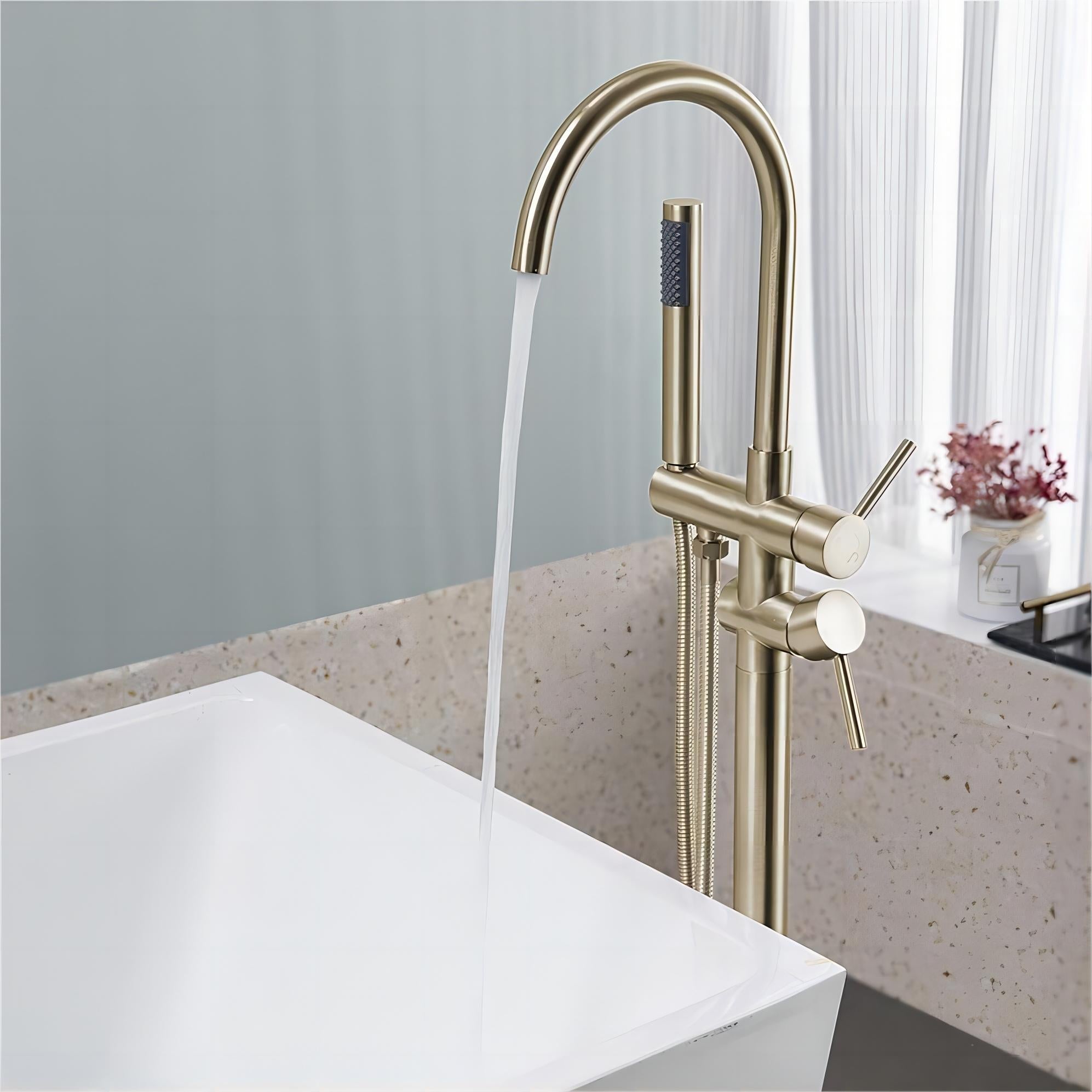 Floor Mount Bathtub Faucet Freestanding Tub Filler Brushed Gold Standing High Flow Shower Faucets with Handheld Shower Mixer Taps Swivel Spout[Unable to ship on weekends, please place orders with caut