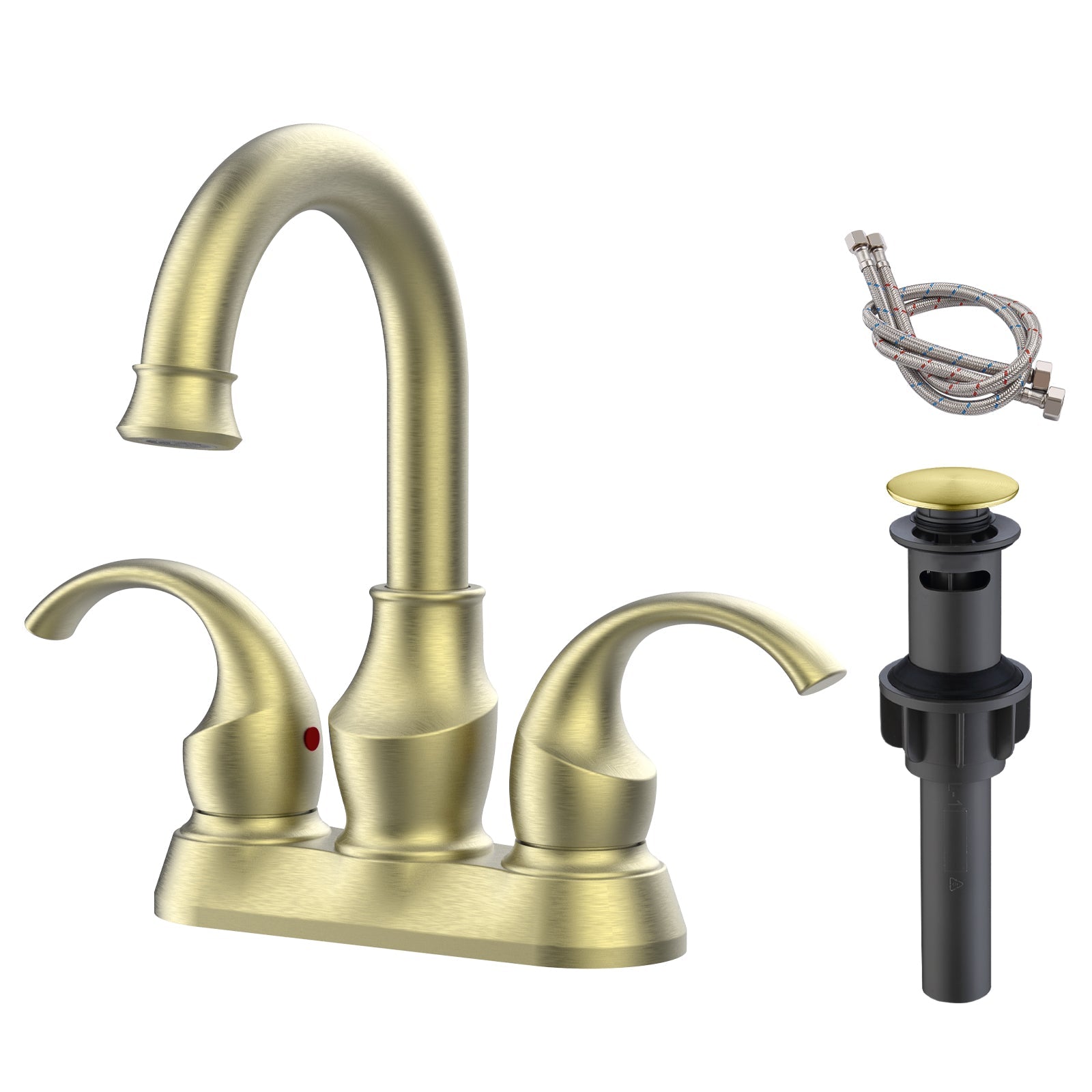 Bathroom Faucet 2-Handle Brushed Gold with 360 Degree Rotating Spout, Crescent Moon Style 4-inch Centerset Vanity Sink with Pop-Up Drain and Supply Hoses, FR4090-BG[Unable to ship on weekends, please