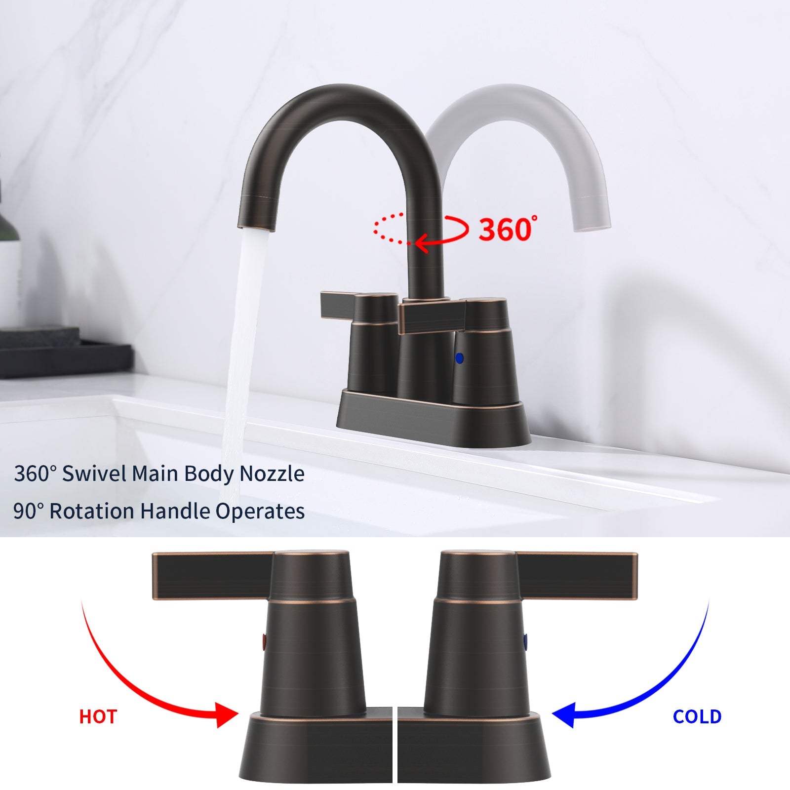 Bathroom Faucet Oil Rubbed Bronze 2-Handle Bathroom Sink Faucet 360 Degree High Arc Swivel Spout Centerset 4 Inch Vanity Faucet Bathroom Faucet 3 Holes Lavatory Faucet [pop-up drain and hose not inclu