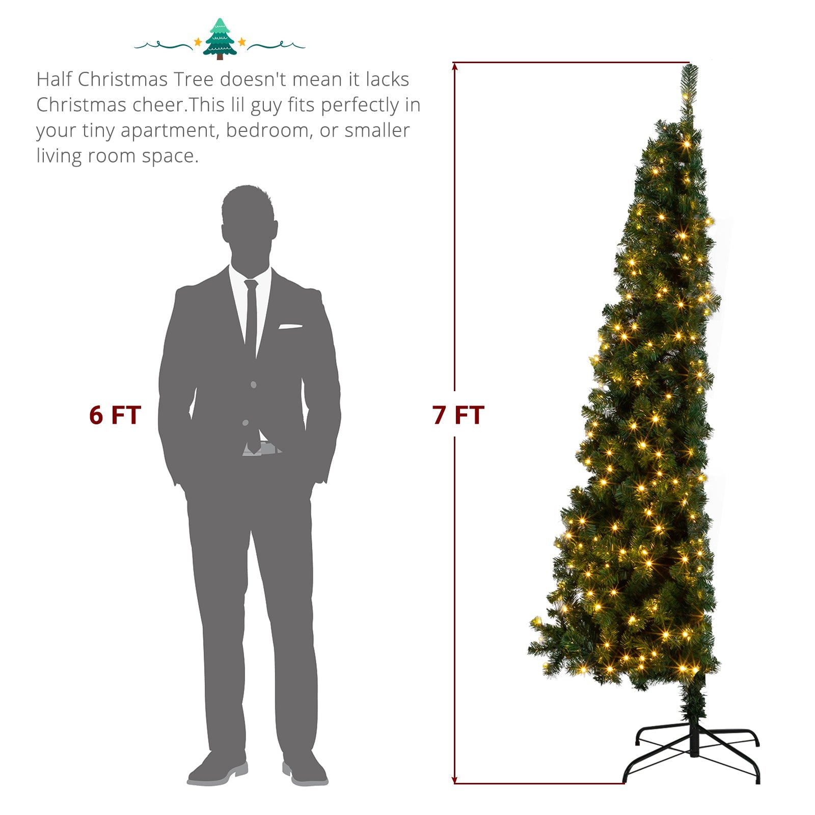 7ft 881 Branch Half Christmas Tree with 230LED Lights PVC Branch Iron Bracket Tender Green Christmas Tree