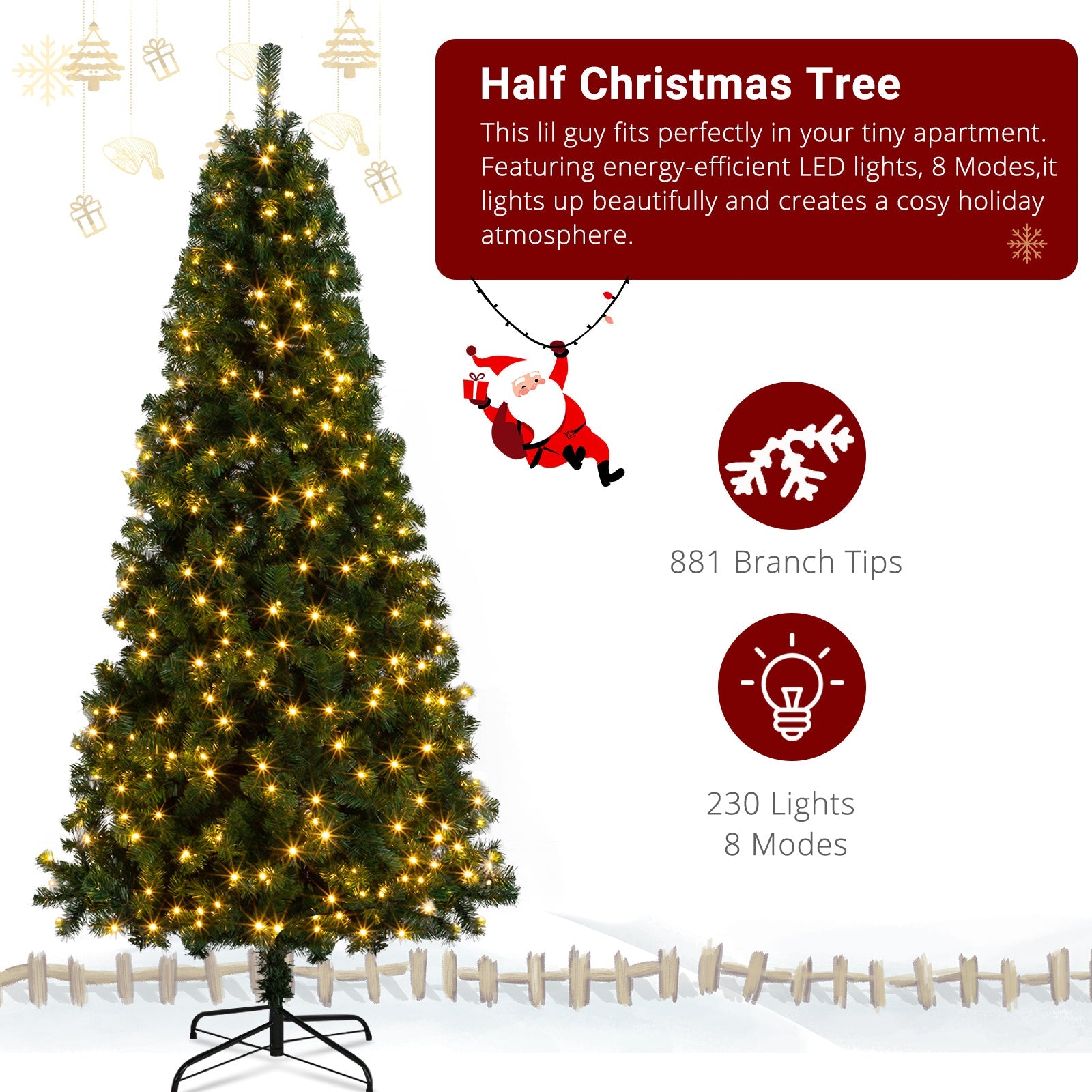 7ft 881 Branch Half Christmas Tree with 230LED Lights PVC Branch Iron Bracket Tender Green Christmas Tree