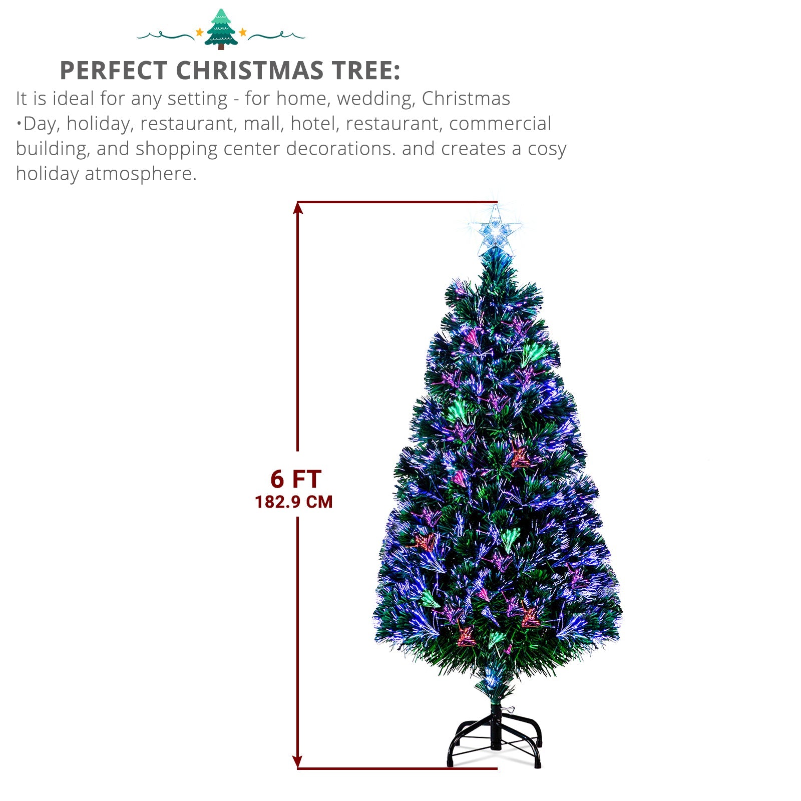 6ft Top With Stars PVC Material Fiber Optics 36 Lights With Snowflakes  Colorful Color Change 230 Branches Christmas Tree Green