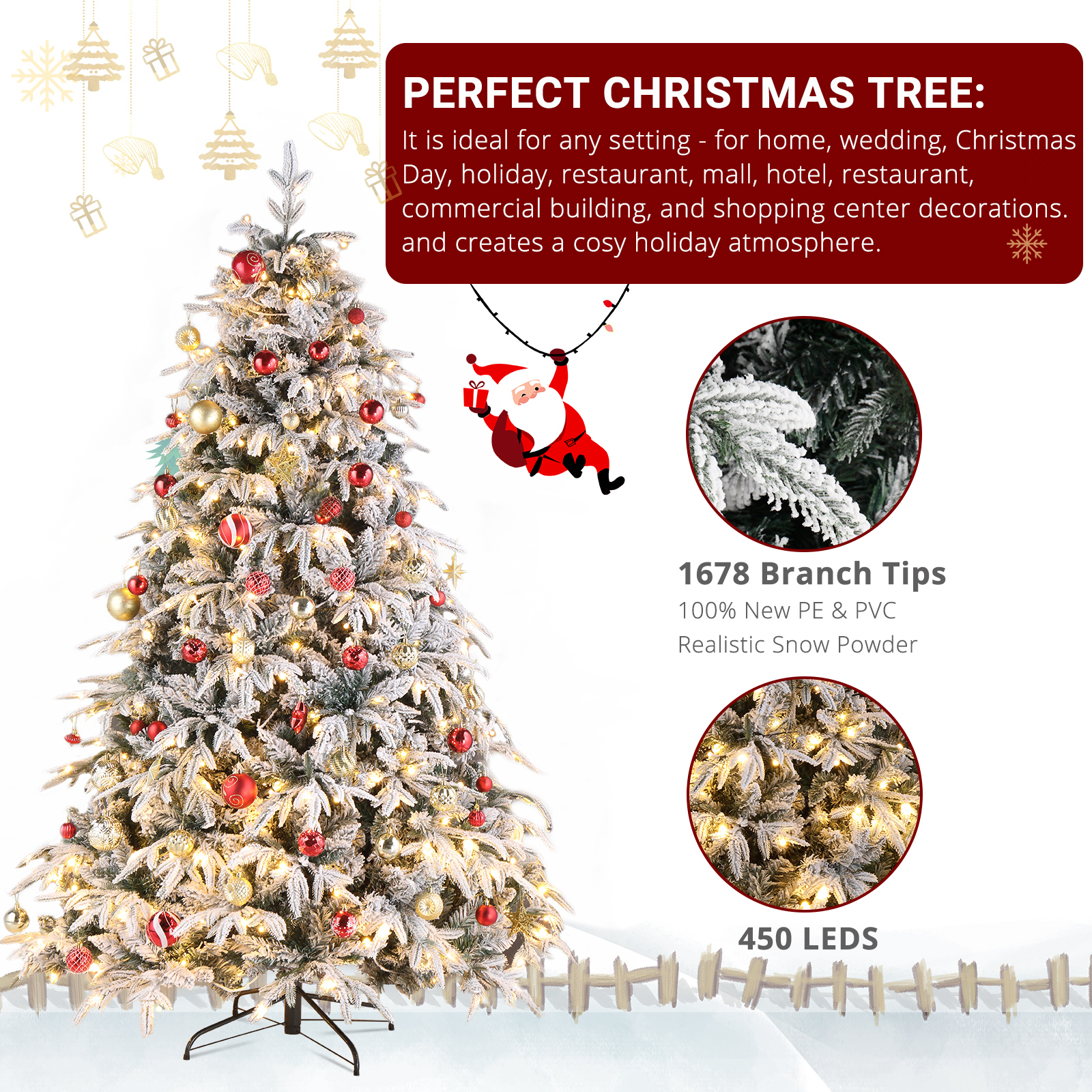 7ft Automatic Tree Structure Single-Sided Pe PVC Material Green Flocking 1687 Branches 450 Lights Warm Color 8 Modes Christmas Tree