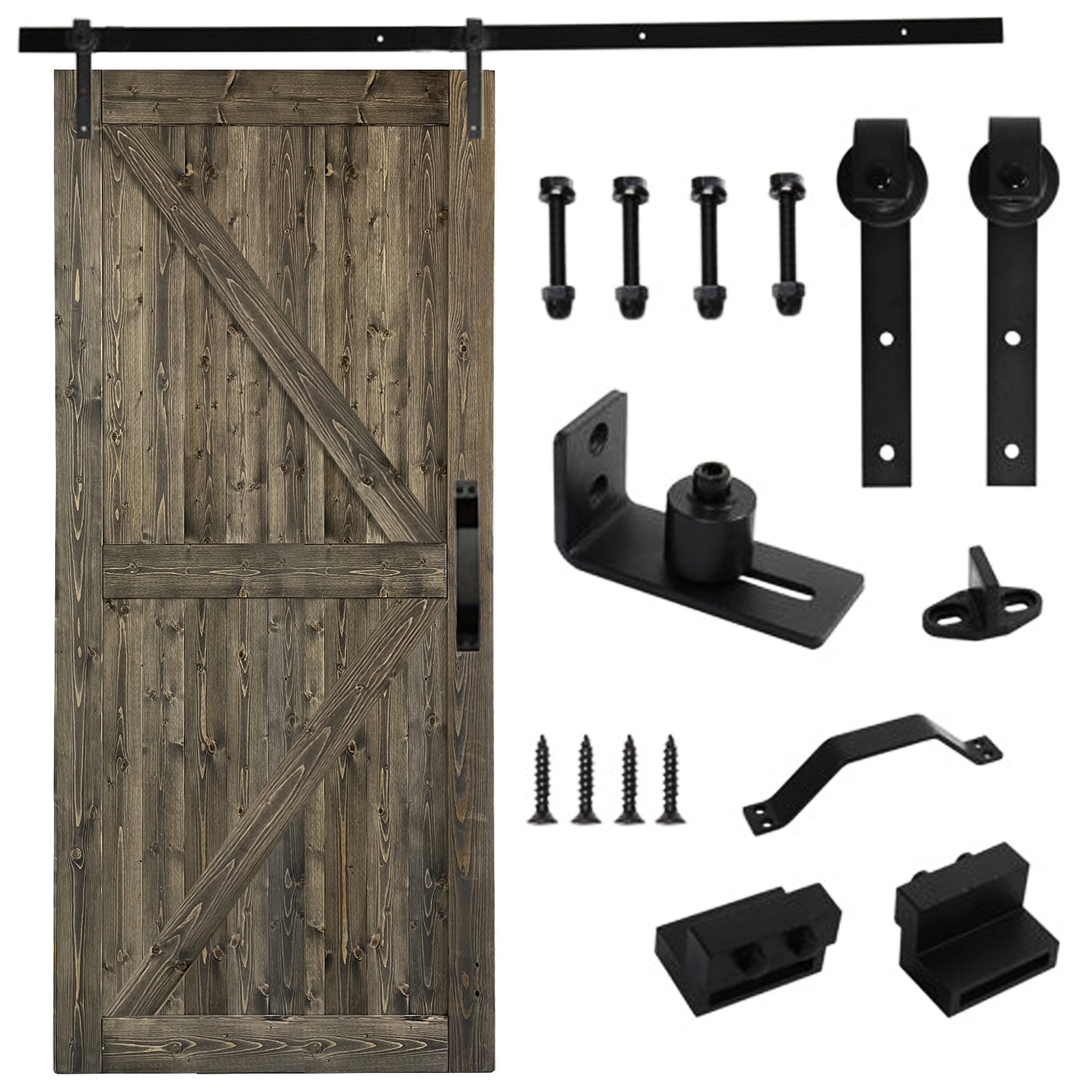 42 in. x 84 in. Sliding Barn Door with 7FT Barn Door Hardware Kit & Handle ，K Frame，Solid Spruce Wood，gray spray paint