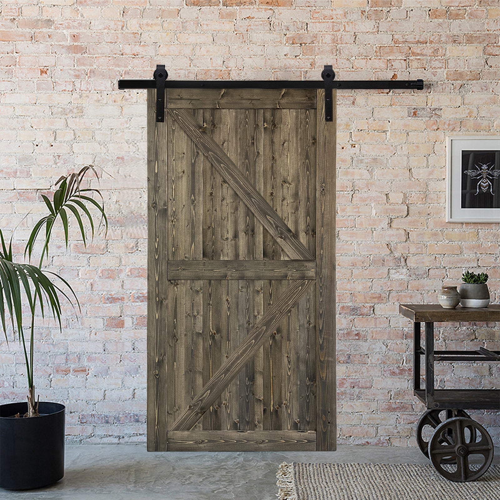 42 in. x 84 in. Sliding Barn Door with 7FT Barn Door Hardware Kit & Handle ，K Frame，Solid Spruce Wood，gray spray paint