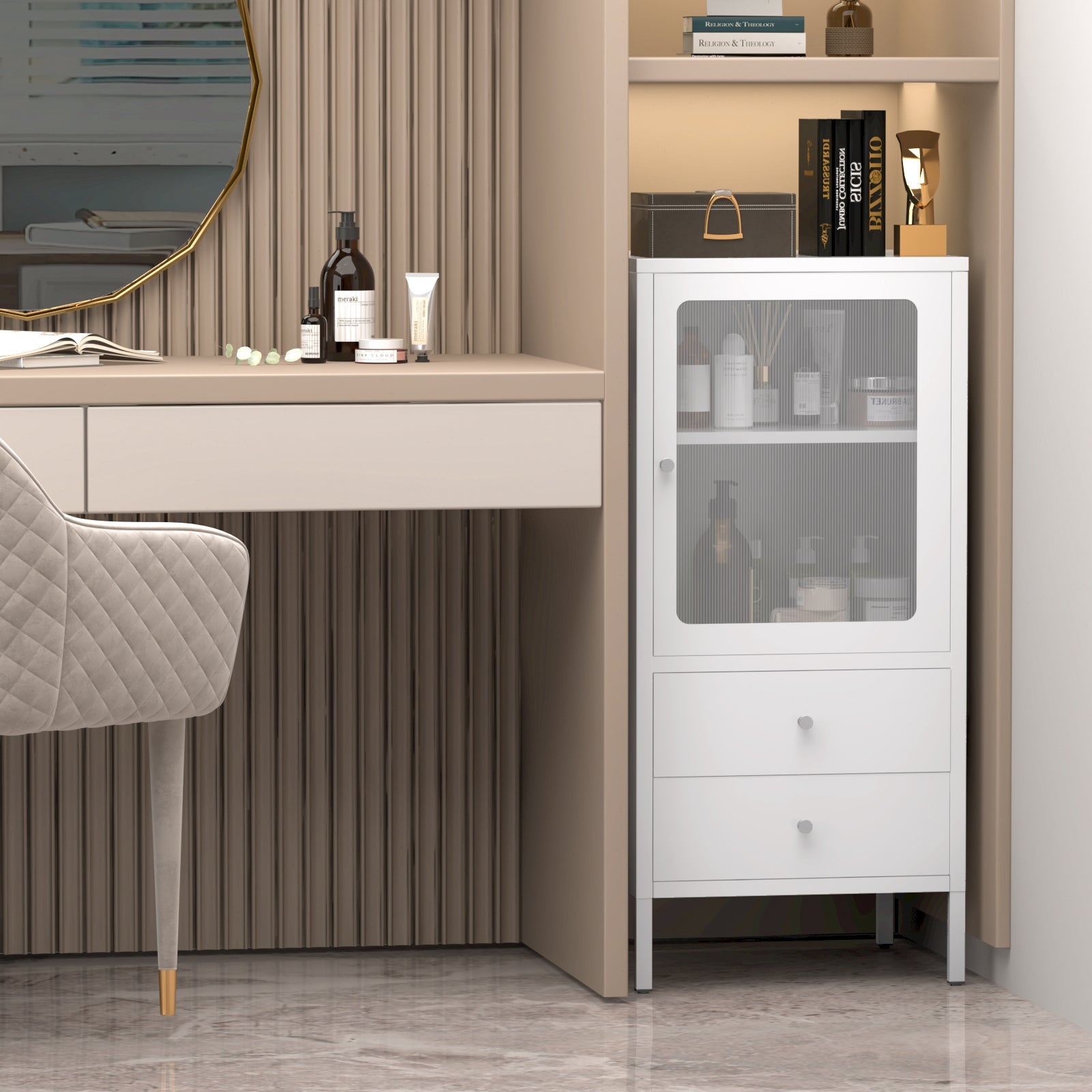 Small bathroom locker with transparent doors on top and two drawers on the bottom. white.