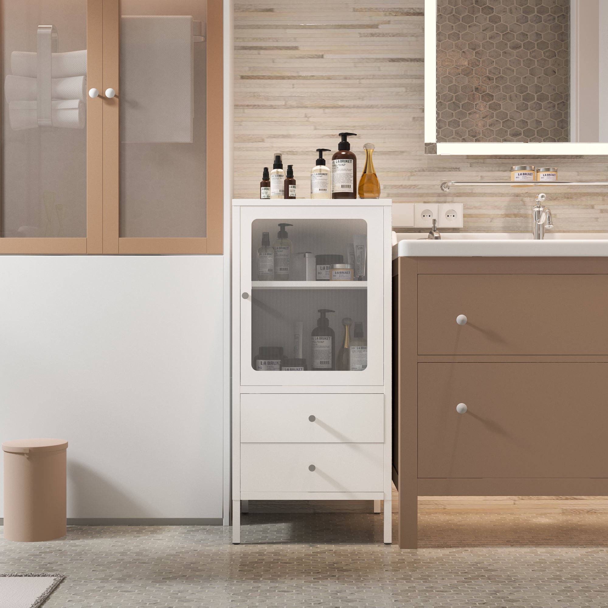 Small bathroom locker with transparent doors on top and two drawers on the bottom. white.