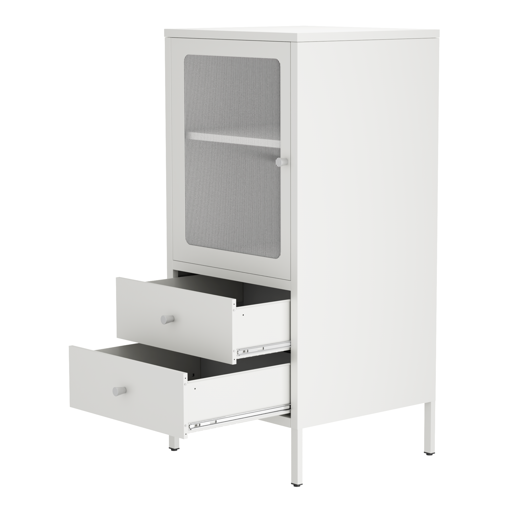 Small bathroom locker with transparent doors on top and two drawers on the bottom. white.