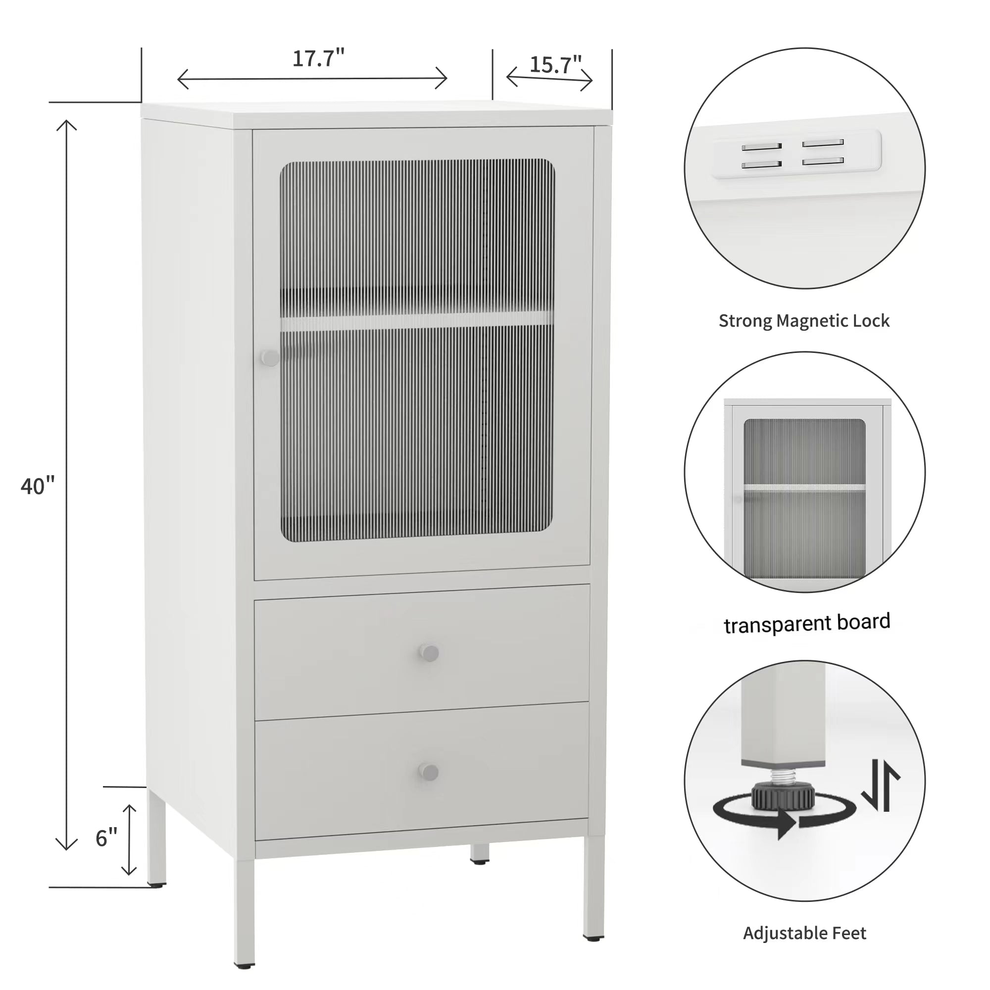 Small bathroom locker with transparent doors on top and two drawers on the bottom. white.