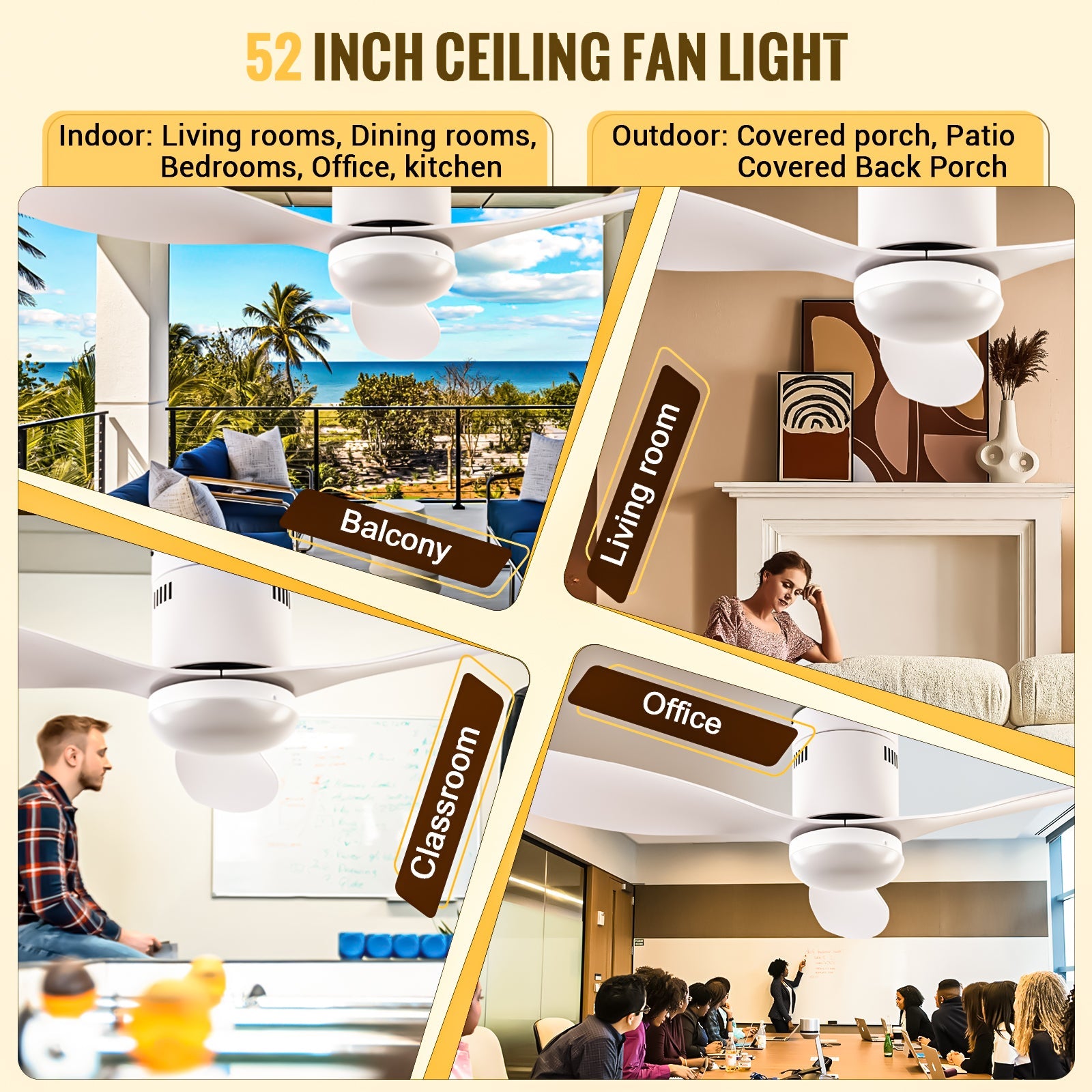 52 Inch Ceiling Fans with Lights, 6 Speed Reversible Noiseless Fan Light DC Motor, Indoor and Outdoor LED Ceiling Fan, Low Profile Ceiling Fan with Remote Control (White)