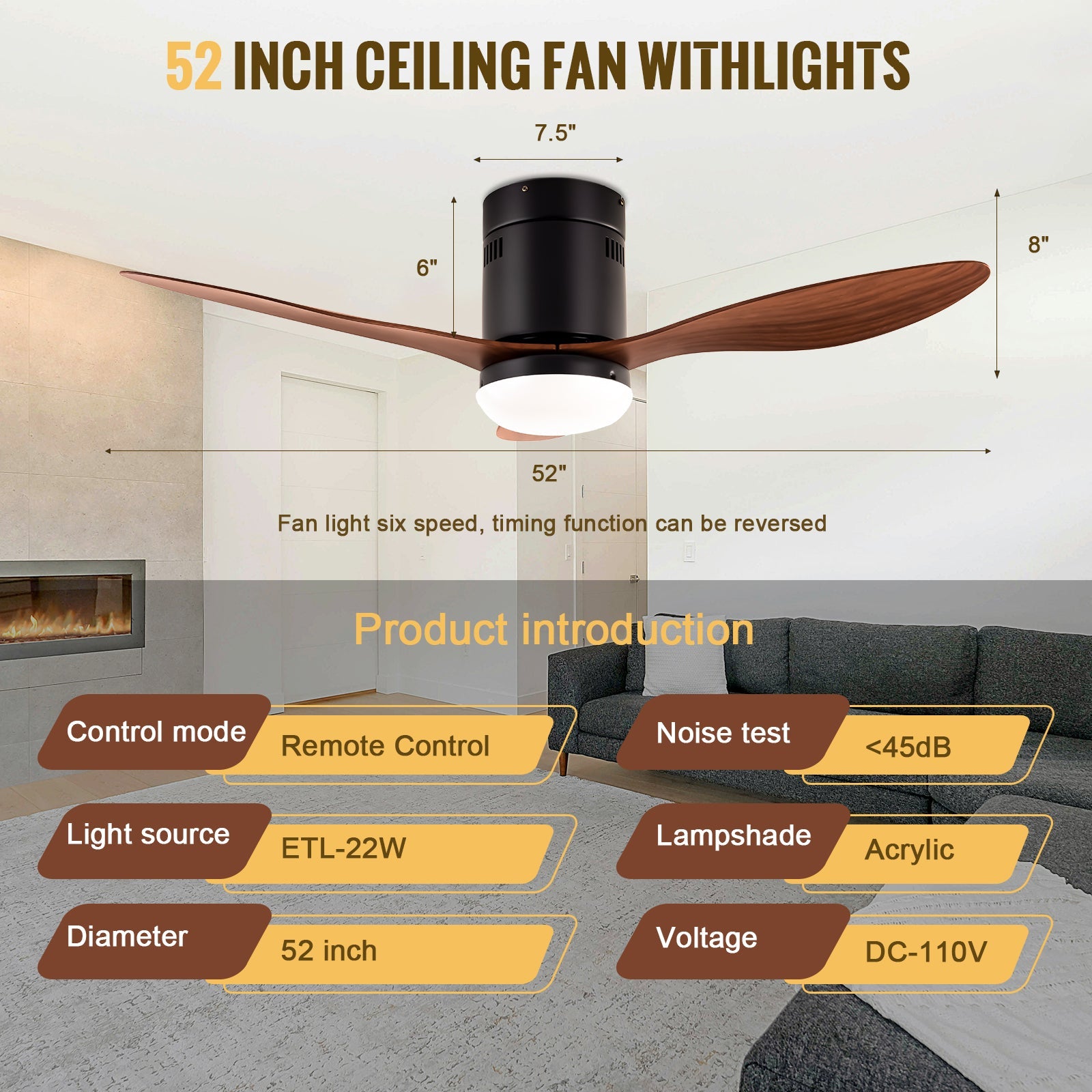 52 Inch Ceiling Fans with Lights, 6 Speed Reversible Noiseless Fan Light DC Motor, Indoor and Outdoor LED Ceiling Fan, Low Profile Ceiling Fan with Remote Control (White)