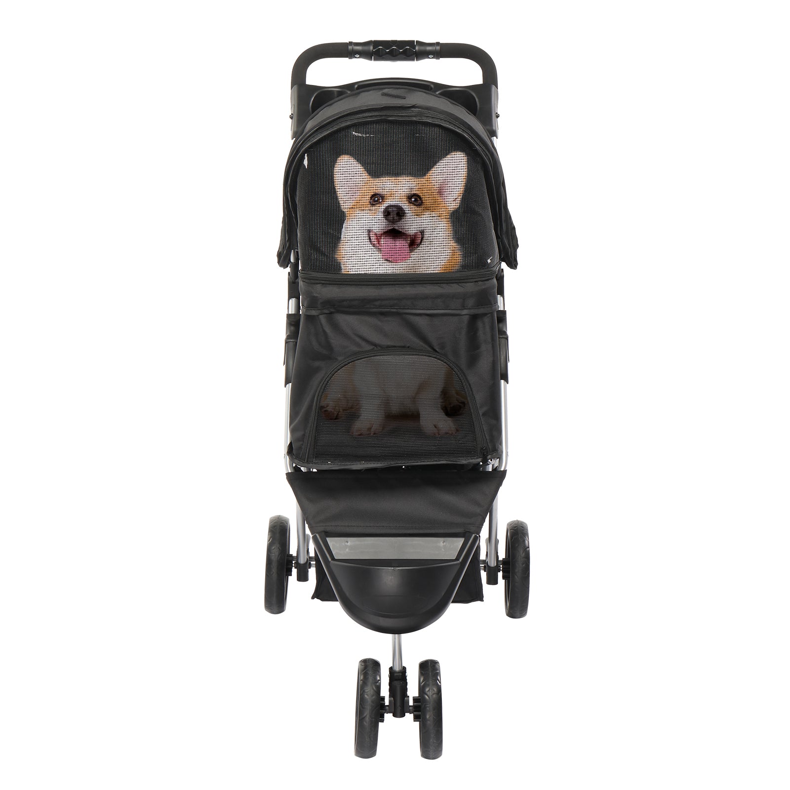 3 Wheels Pet Stroller, Dog Cat Cage Jogger Stroller for Medium Small Dogs Cats, Travel Folding Carrier Waterproof Puppy Stroller with Cup Holder & Removable Liner, Black