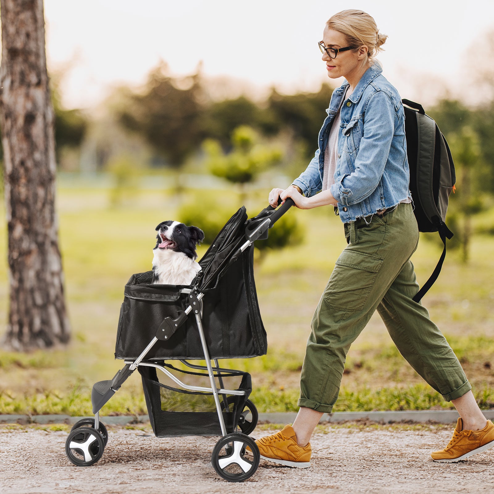 3 Wheels Pet Stroller, Dog Cat Cage Jogger Stroller for Medium Small Dogs Cats, Travel Folding Carrier Waterproof Puppy Stroller with Cup Holder & Removable Liner, Black