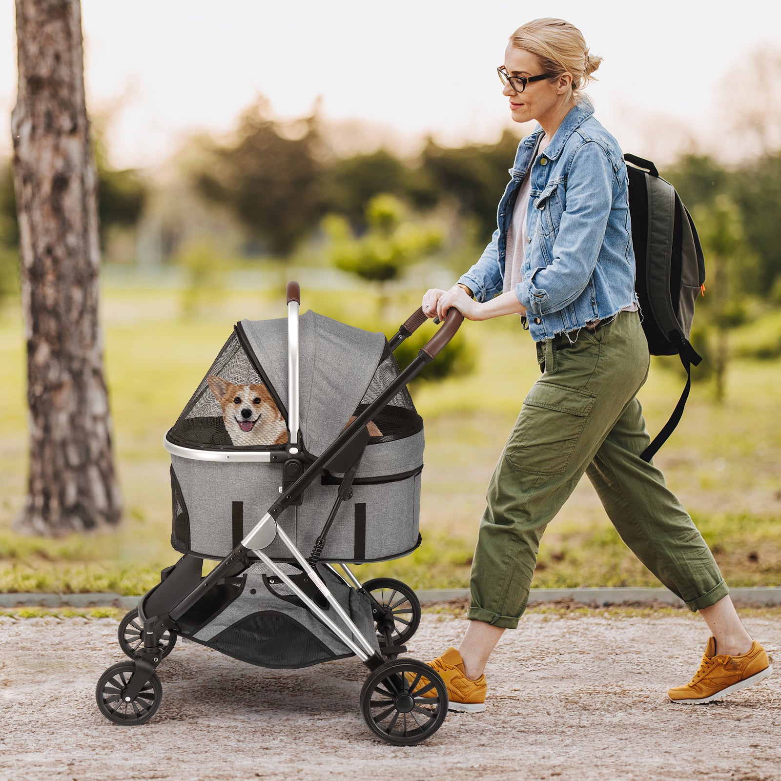 Pet Stroller 3 in 1, Folding Lightweight Dog Stroller with Detachable Carrier & Storage Basket, 4 Wheels Travel Stroller for Puppies Doggies Kitties, Grey