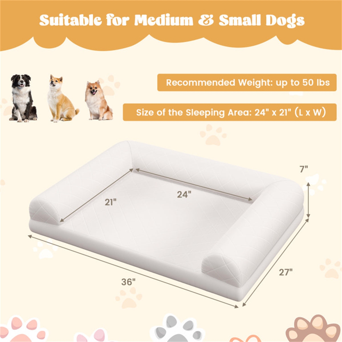 36" Orthopedic Dog Bed,Egg-Foam Dog Crate Bed with 3-Side Bolster and Removable Washable Bed Cover,Beige