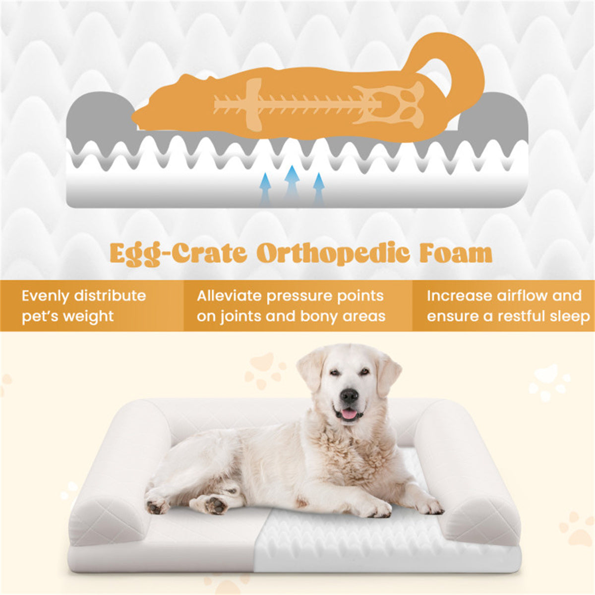 36" Orthopedic Dog Bed,Egg-Foam Dog Crate Bed with 3-Side Bolster and Removable Washable Bed Cover,Beige