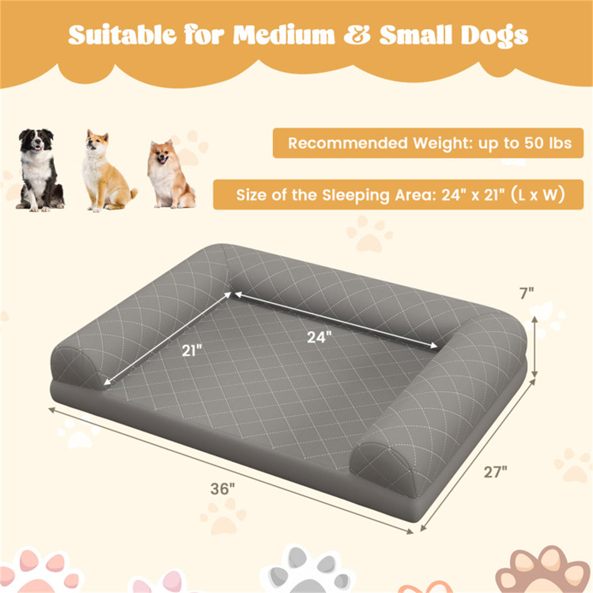 36" Orthopedic Dog Bed,Egg-Foam Dog Crate Bed with 3-Side Bolster and Removable Washable Bed Cover,Grey