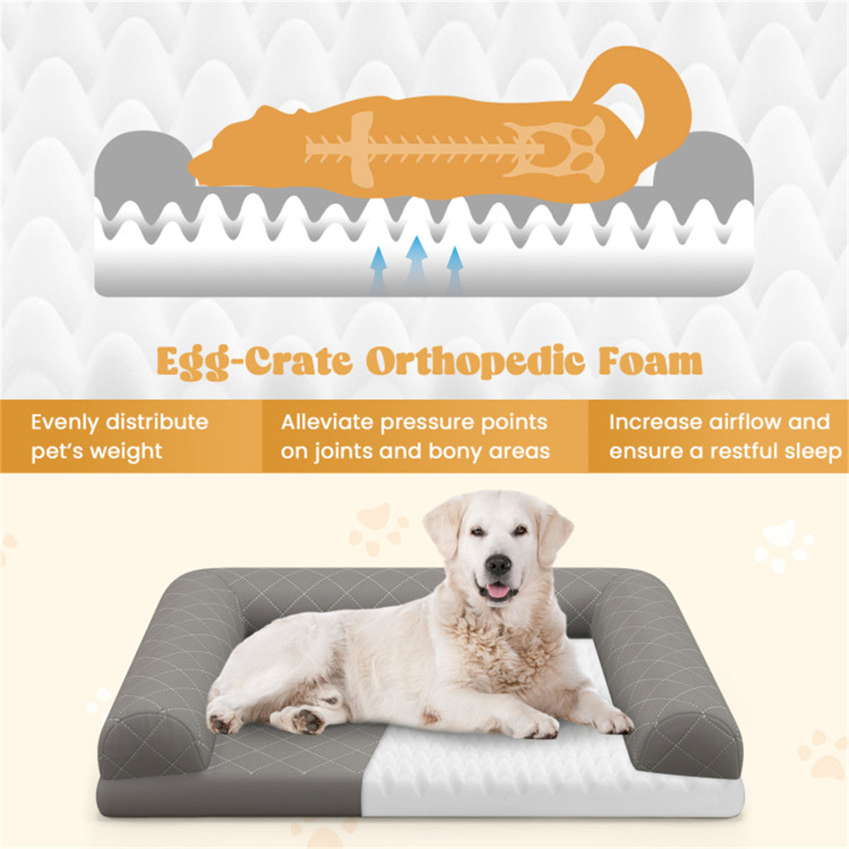 36" Orthopedic Dog Bed,Egg-Foam Dog Crate Bed with 3-Side Bolster and Removable Washable Bed Cover,Grey