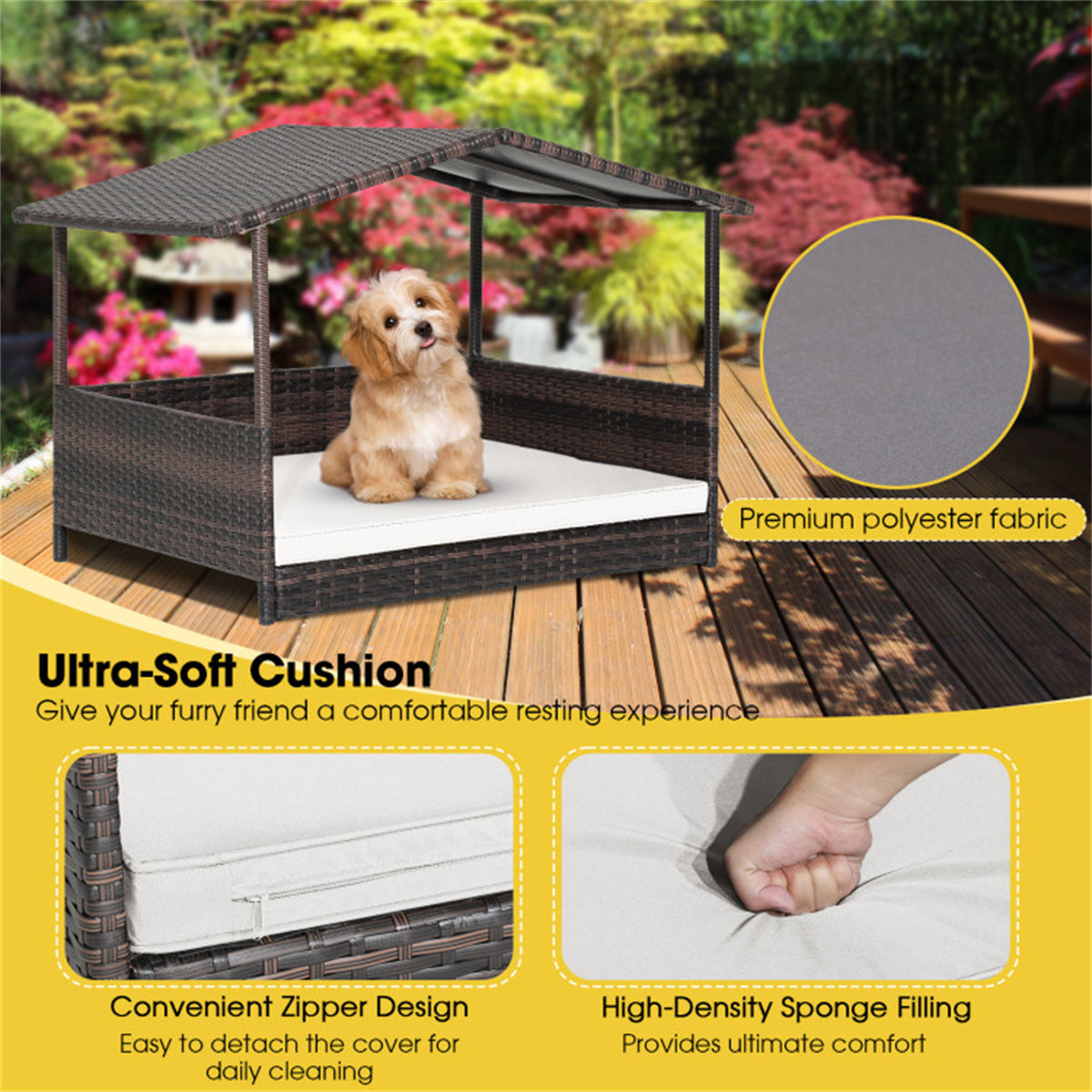 Dog House Outdoor with Canopy, Rattan Dog Bed with Water-resistant Cushion,