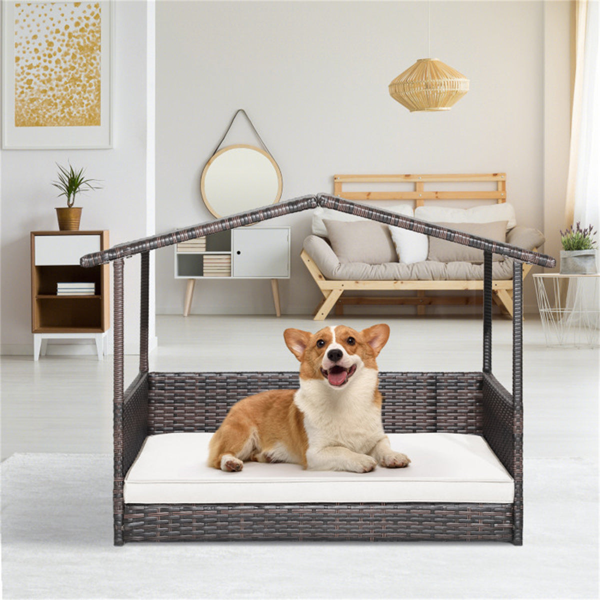 Dog House Outdoor with Canopy, Rattan Dog Bed with Water-resistant Cushion,