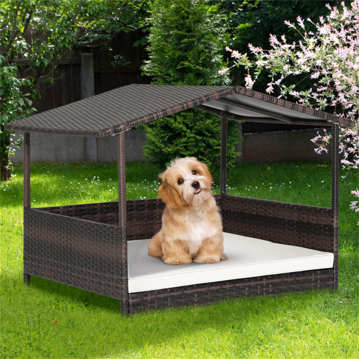 Dog House Outdoor with Canopy, Rattan Dog Bed with Water-resistant Cushion,