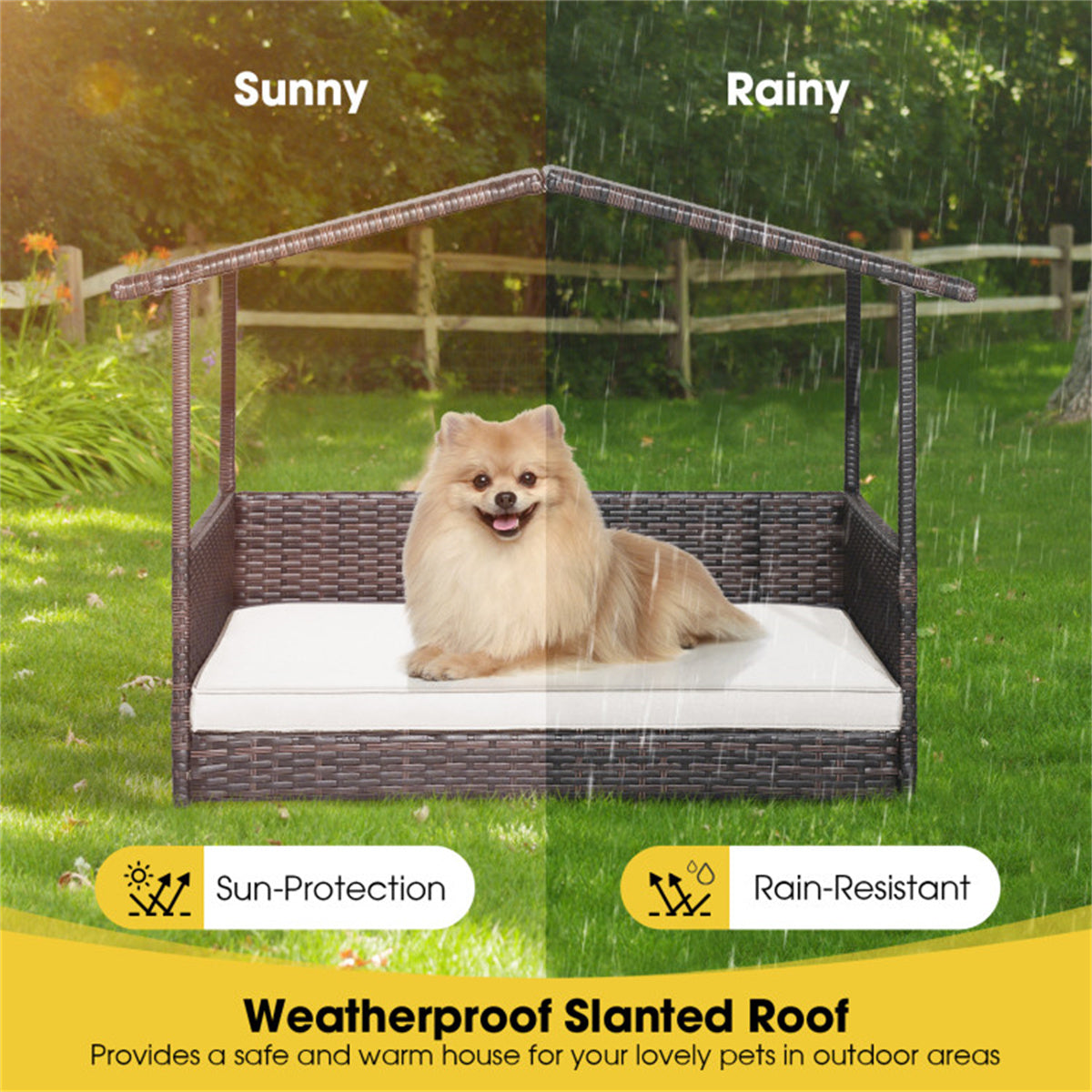 Dog House Outdoor with Canopy, Rattan Dog Bed with Water-resistant Cushion,