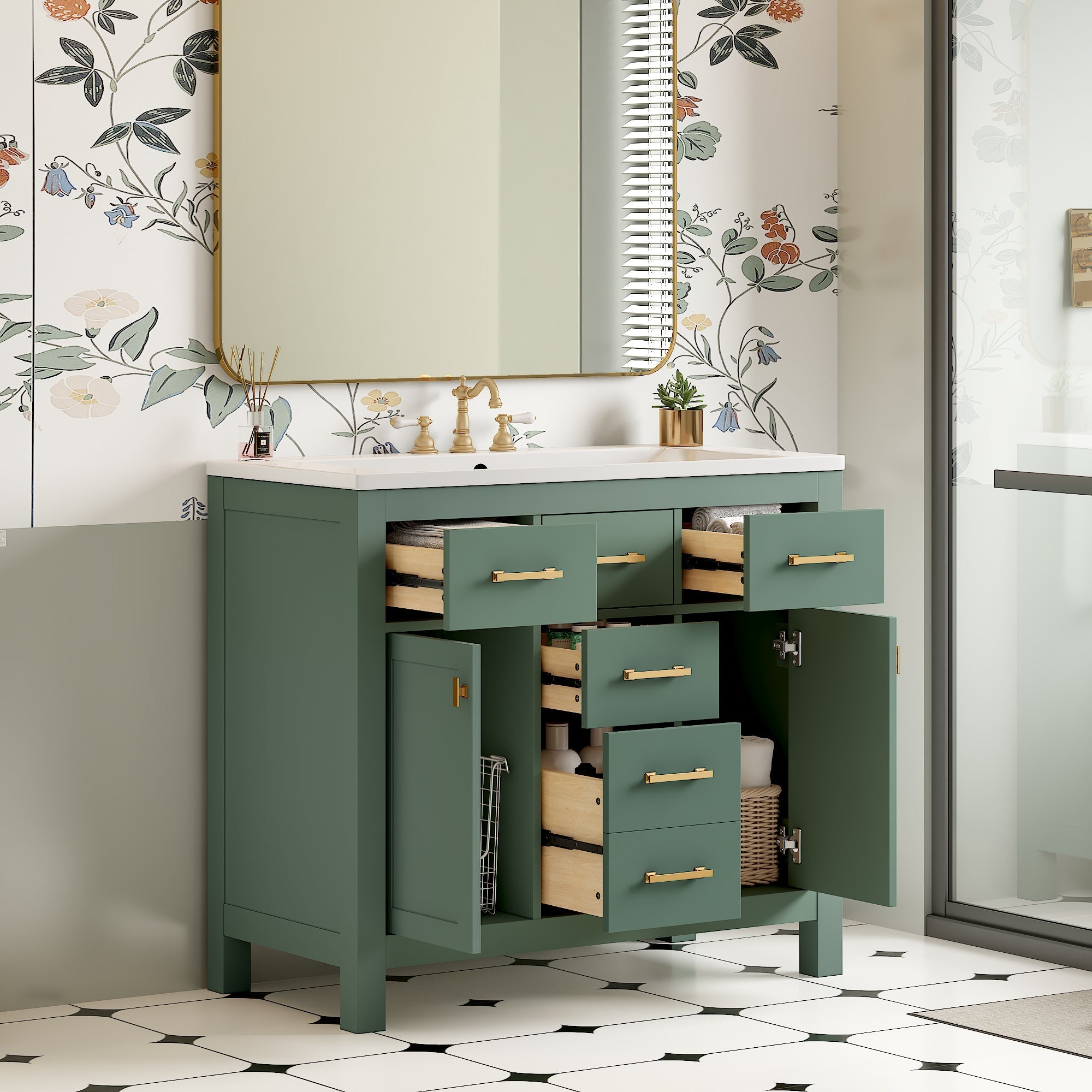 36'' Bathroon Vanity with Resin Sink Combo Set,Modern  Single Bathroom Cabinet with 4 Drawers & 2 Cabinets,Storage Cabinet for Bathroom, Solid Wood Frame Vanity Set, Green