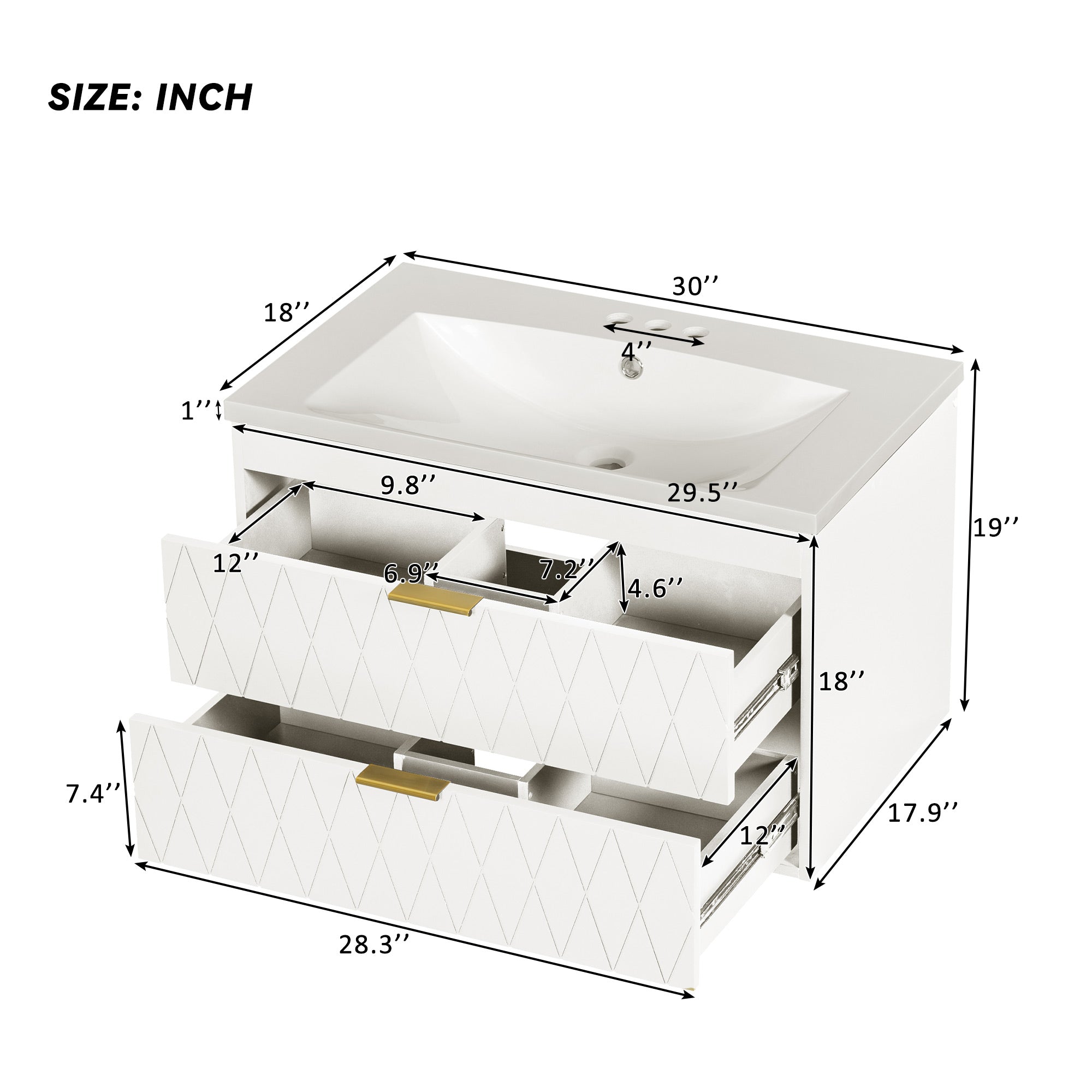 30'' Wall Mounted Bathroom Vanity with Resin Sink,Floating Bathroom Storage Cabinet with 2 Drawers, Solid Wood Bathroom Cabinet