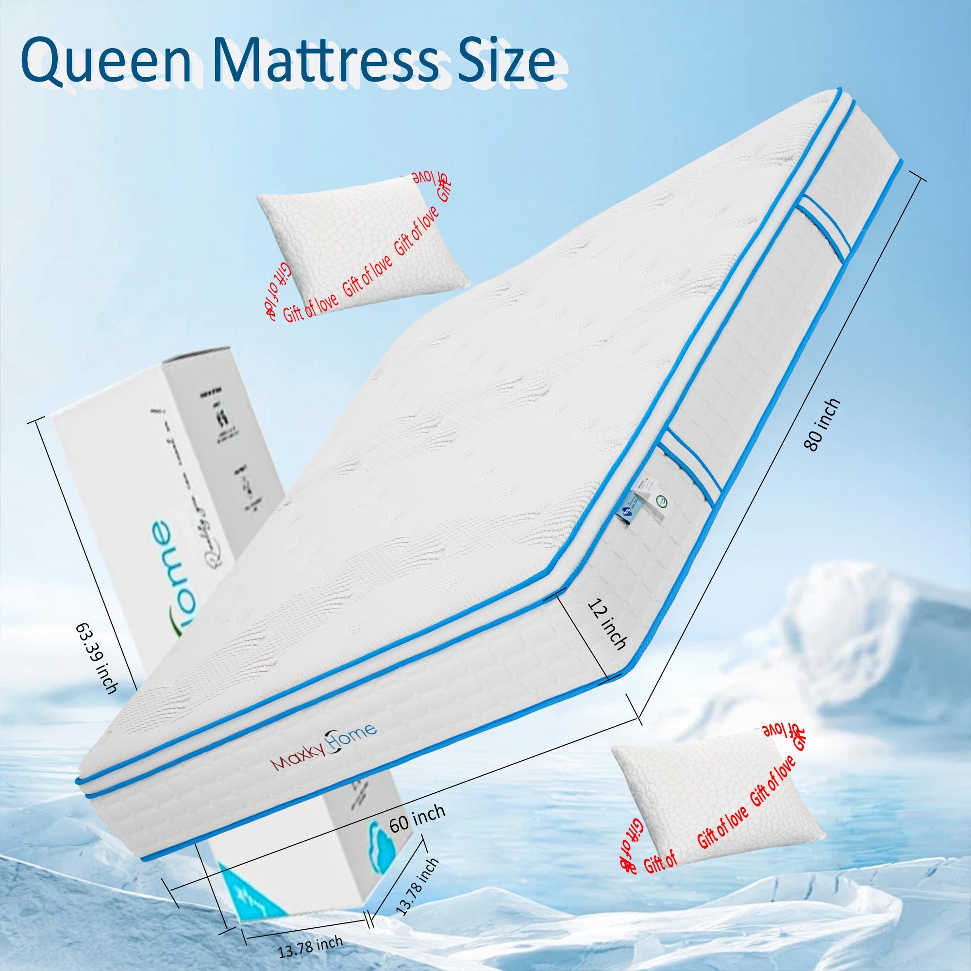 12 Inch Queen Mattress with Pillows, Gel Memory Foam Mattress Bed in a Box, Twin Bed Mattress Individual Pocket Springs Motion Isolation, Medium Firm, Queen